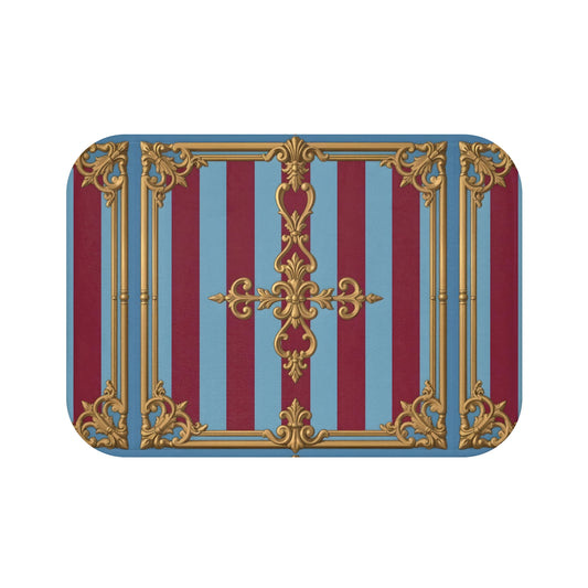 Elegant Vintage Bath Mat with Ornate Design | Luxurious Bathroom Decor, Gift for Housewarming - Sky Blue & Maroon Striped Baroque