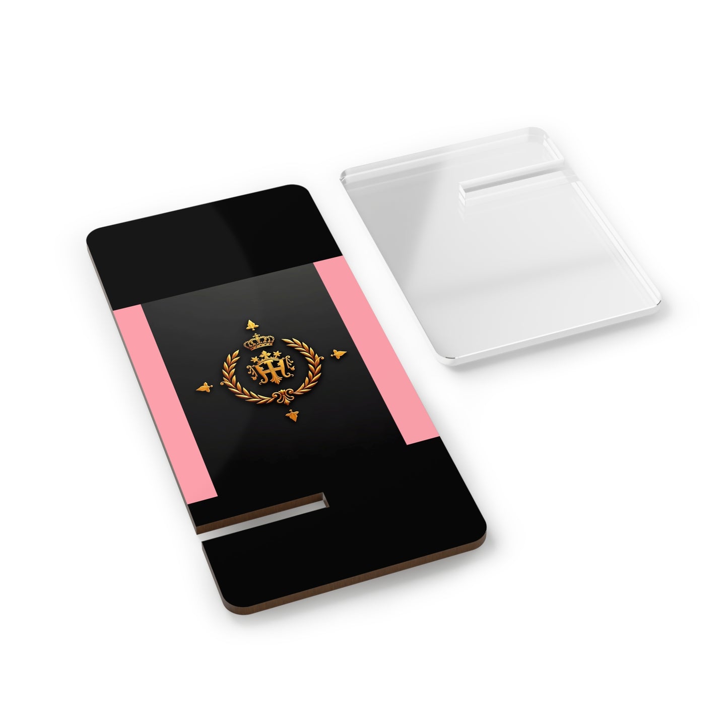 Elegant Mobile Display Stand for Smartphones, Stylish Phone Holder, Gifts for Tech Lovers - Pink Striped Gold Crest