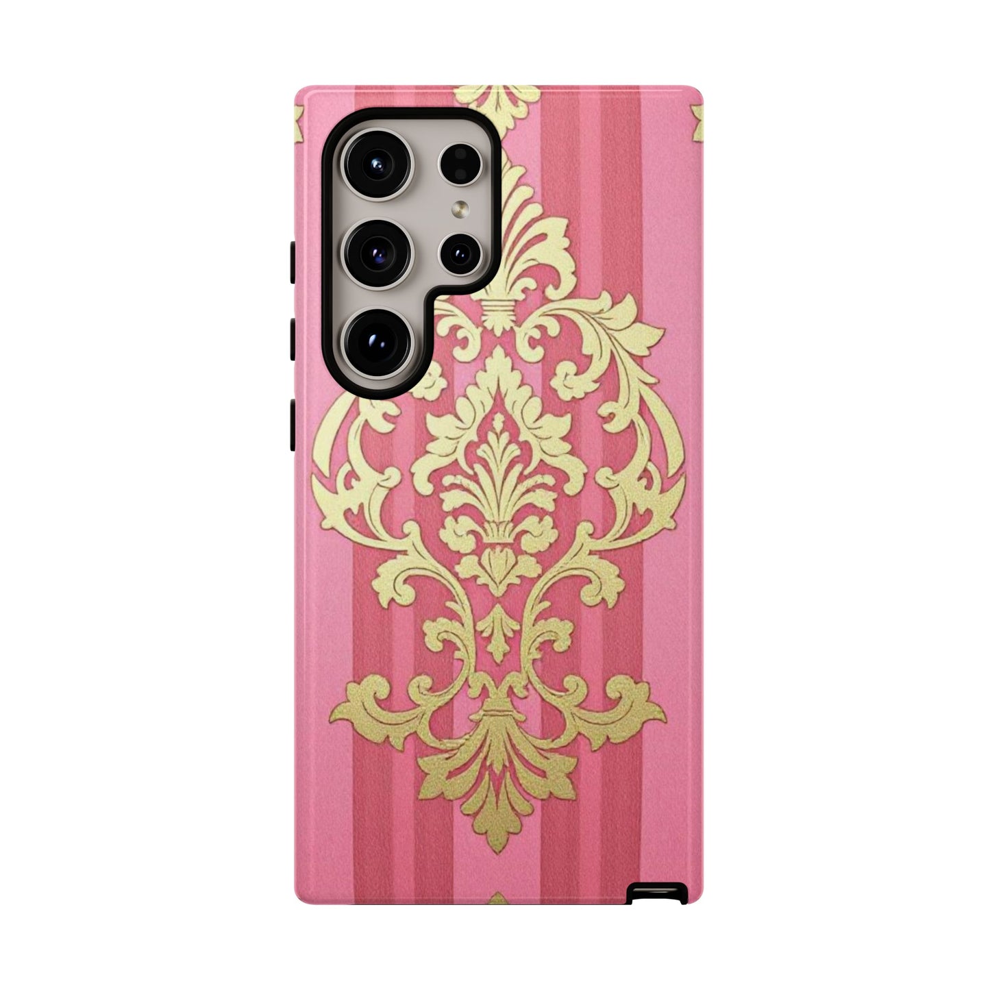 Elegant Floral Motif Phone Case - Tough Cases with Vintage Design - Pink Striped Damask