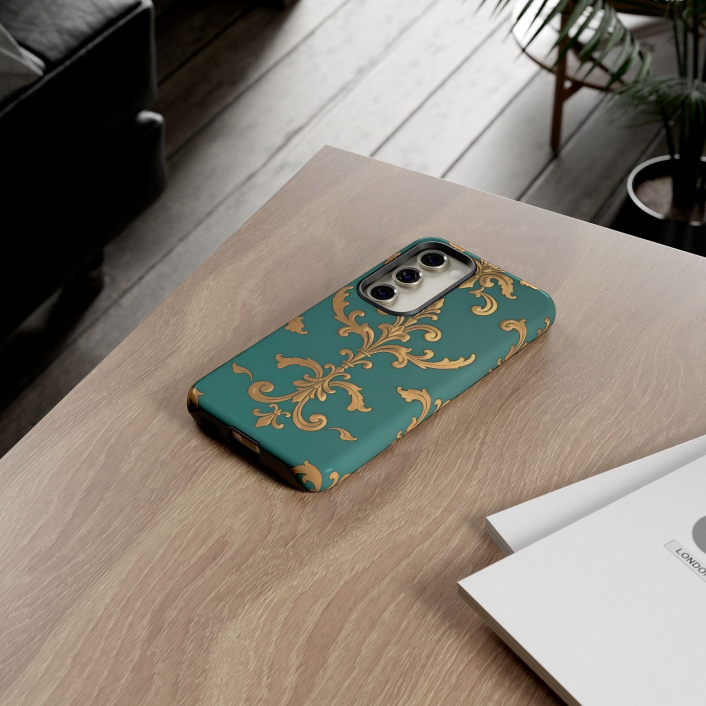 Elegant Floral Motif Phone Case - Tough Cases with Vintage Design - Aqua & Gold Damask