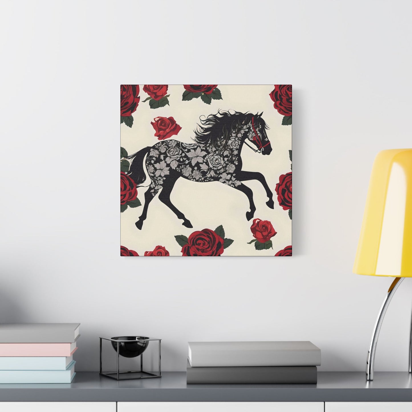 Art Print Canvas, Wall Decor, Satin Stretched Canvas, Equestrian Art, Office Decor, Home Decor - Horse & Roses