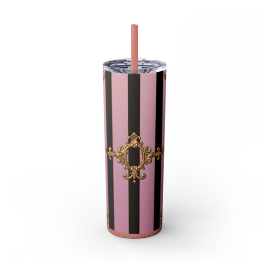Elegant Vintage Skinny Tumbler with Straw, 20oz - Perfect for Gifts, Summer, Parties, Travel, Home Decor - Matte Lavender & Black Striped Gold Baroque