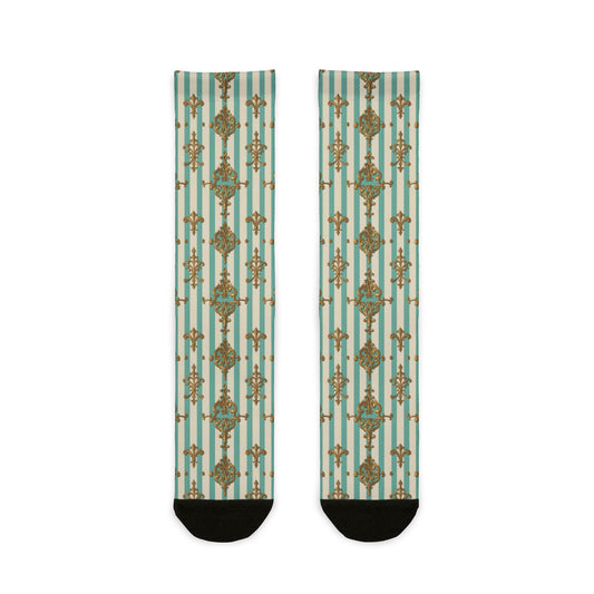 Chic Patterned Crew Socks for Trendy Fashion Lovers, Fun Gift for Birthdays, Stylish Accessory - Matte Green Striped Rococo