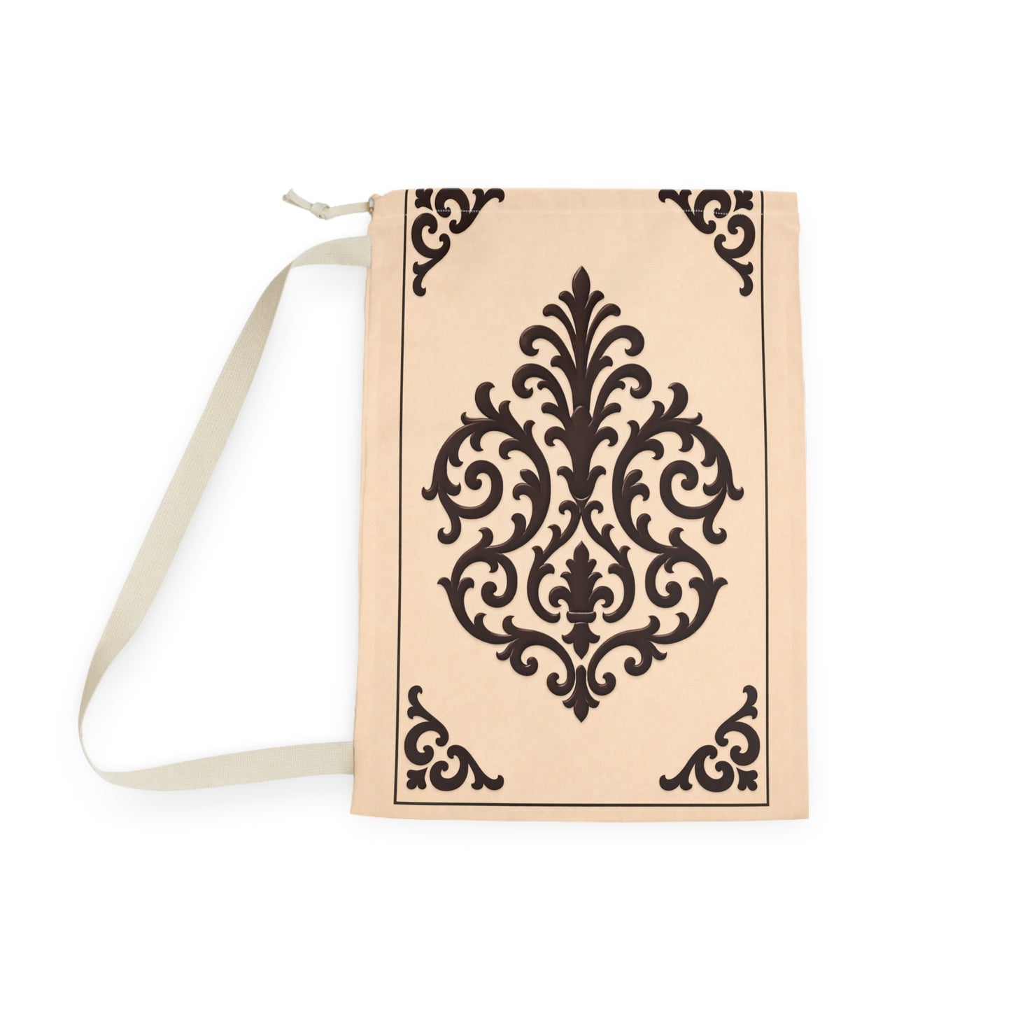Almond-Beige & Brown Baroque Laundry Bag — Cotton Hamper Tote with Drawstring