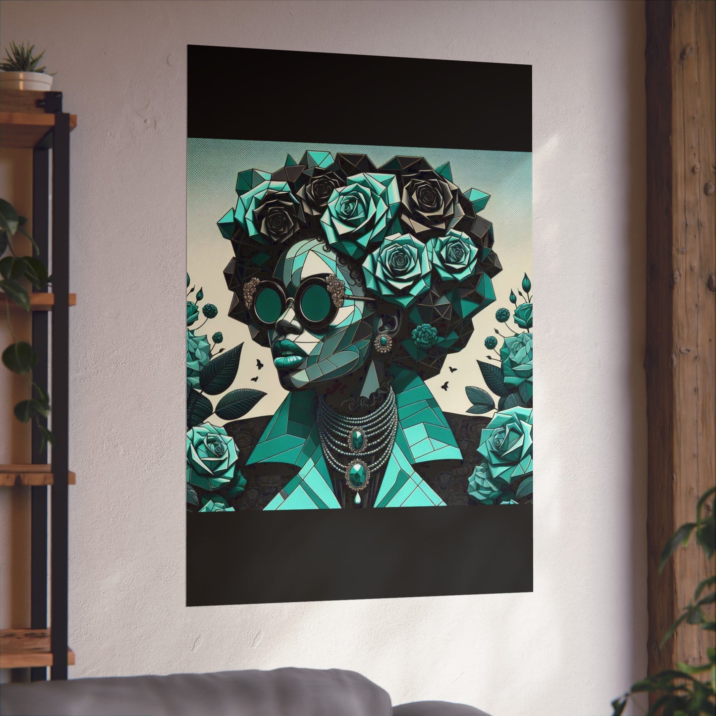 Chic Floral Fine Art Poster | Modern Wall Decor, Home Aesthetic, Gift for Art Lovers, Unique Room Makeover - Turquoise & Black Roses Lady