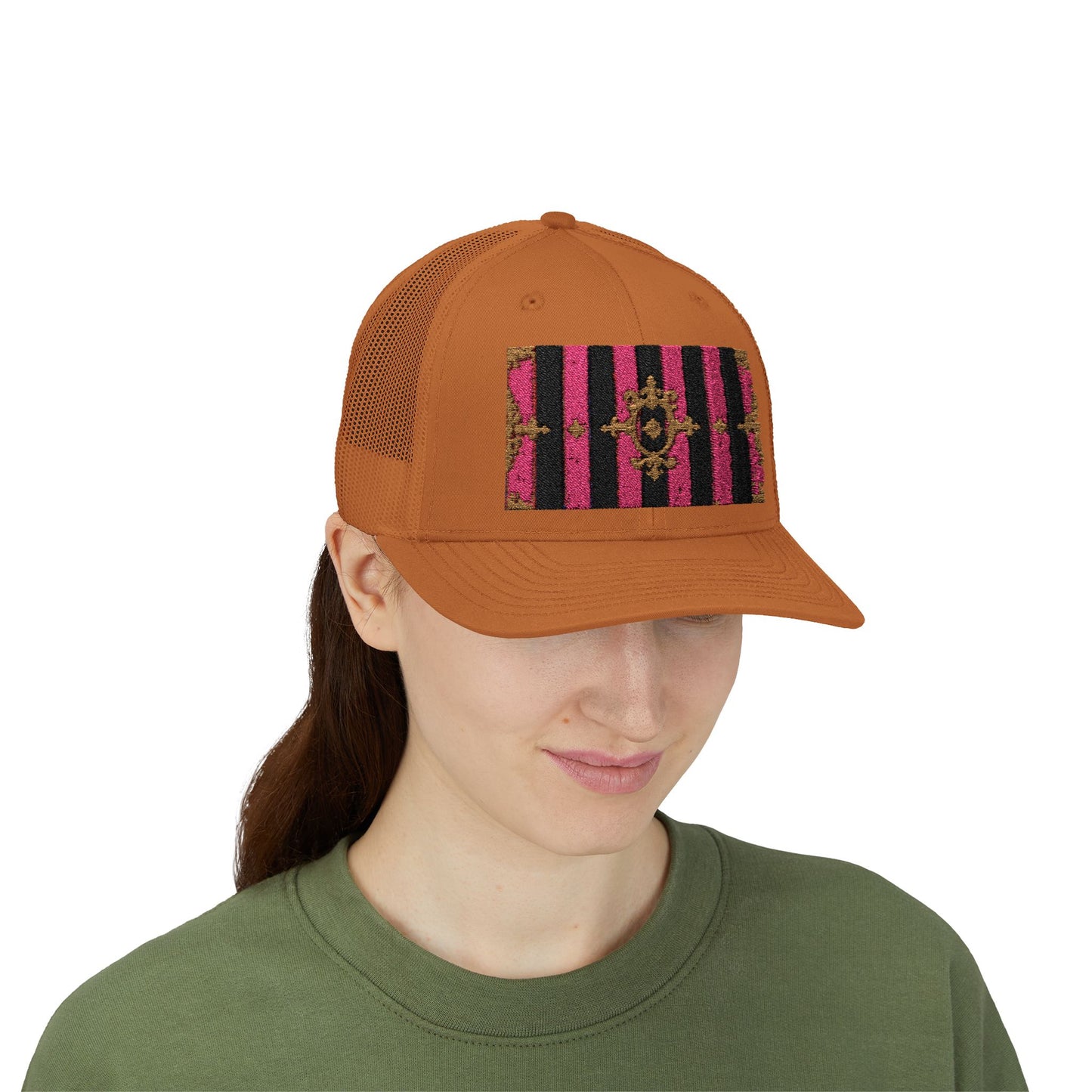 Stylish Snapback Trucker Cap with Black & Mauve Striped Gold Baroque, Trendy Fashion Hat, Perfect Gift for Him/Her