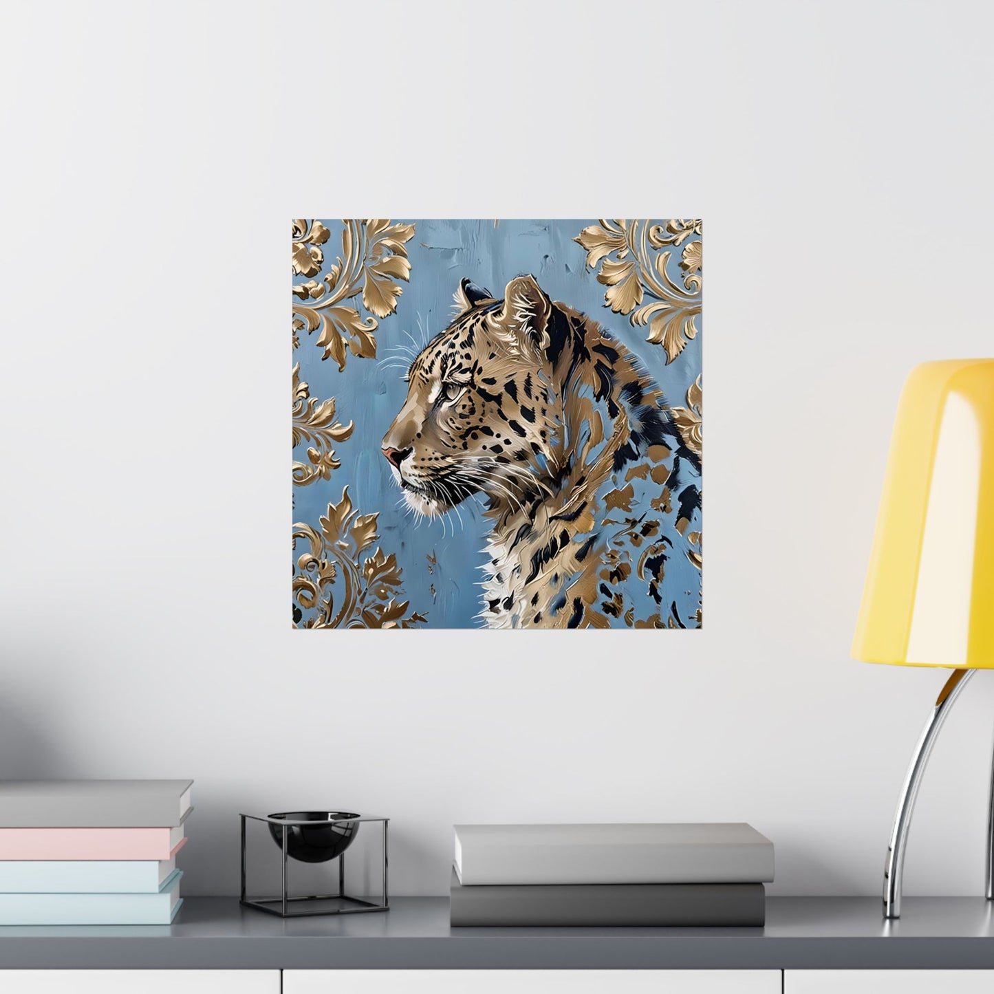 Floral Motif Art Poster - Elegant Matte Vertical Wall Decor - Leopard In Blue & Gold Damask
