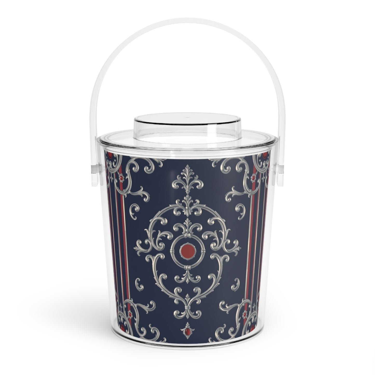 Elegant Ice Bucket with Tongs - Perfect for Parties, Weddings, or Home Bars, Decorative Drink Chiller - Blue & Red Striped Silver Baroque
