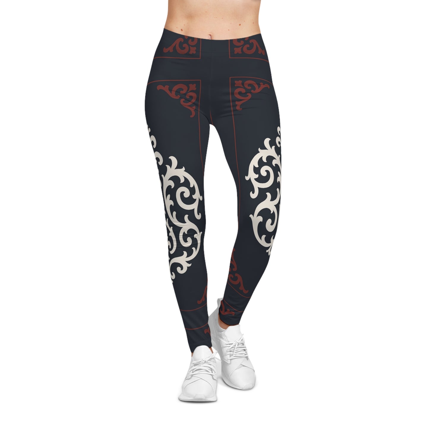 Dusk Blue & Maroon-White Baroque Print Leggings — Women's All-Over-Print Casual Leggings