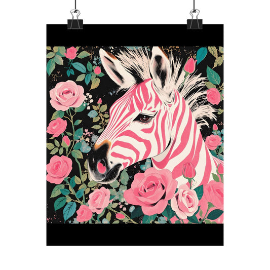 Floral Art Poster - Elegant Matte Vertical Wall Decor - Pink & White Zebra