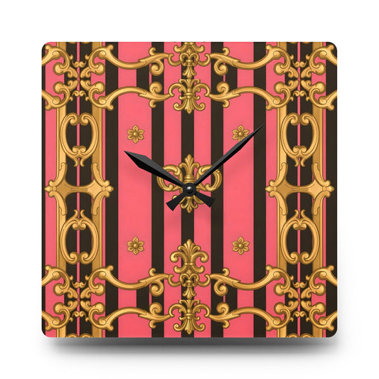 Chic Vintage Acrylic Wall Clock, Elegant Home Decor, Stylish Timepiece, Modern Wall Art - Pink & Black Striped Gold Baroque