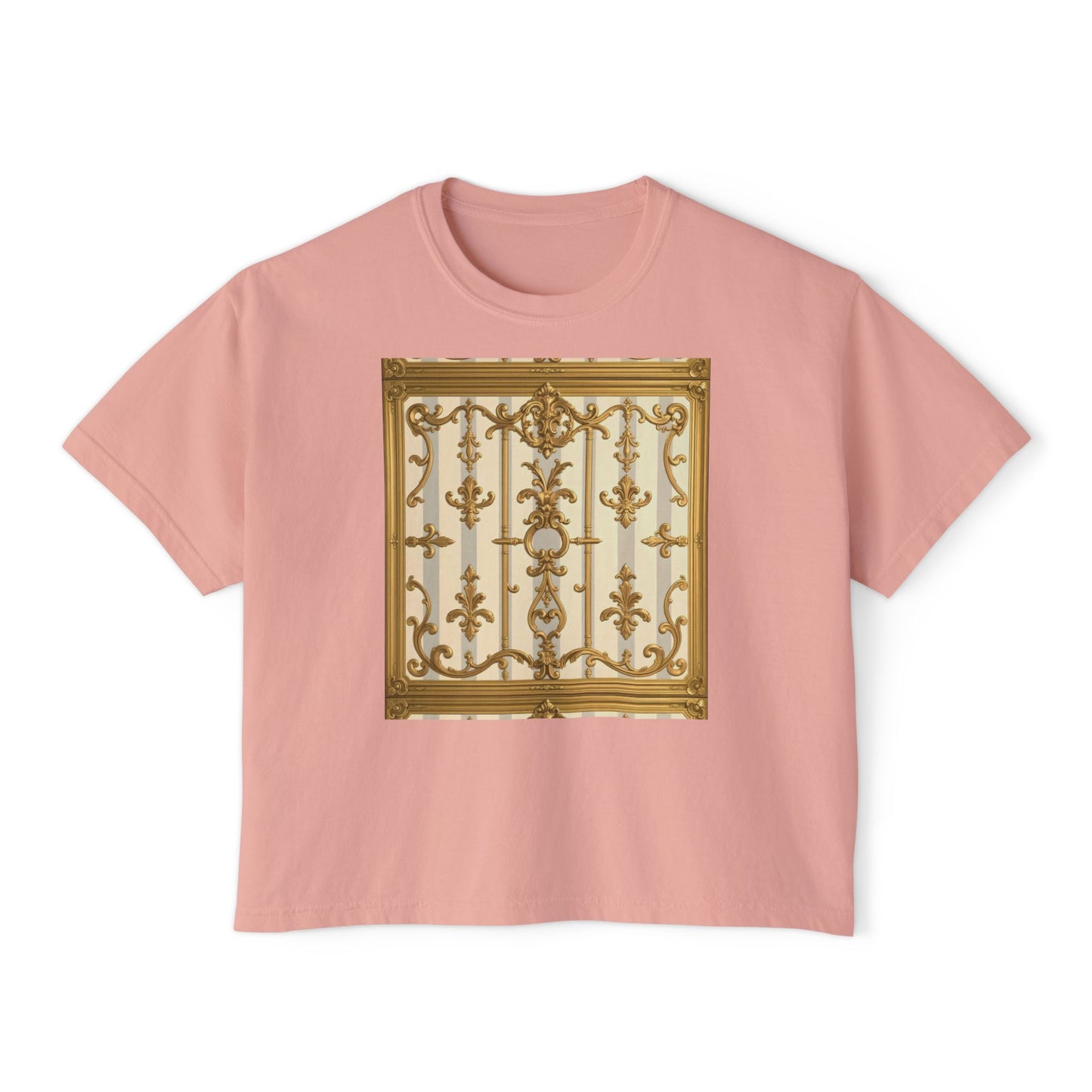 Chic Women's Boxy Tee with Elegant Gate Design, Stylish Casual Wear, Summer Tee, Gift for Her - Matte Gray & Cream Striped Gold Baroque