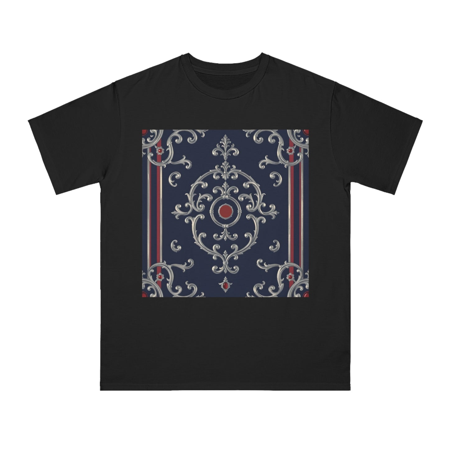 Vintage Pattern Organic Unisex T-Shirt | Baroque Style Tee, Casual Wear, Unique Gift, Eco-Friendly Fashion - Blue & Red Striped Silver Baroque