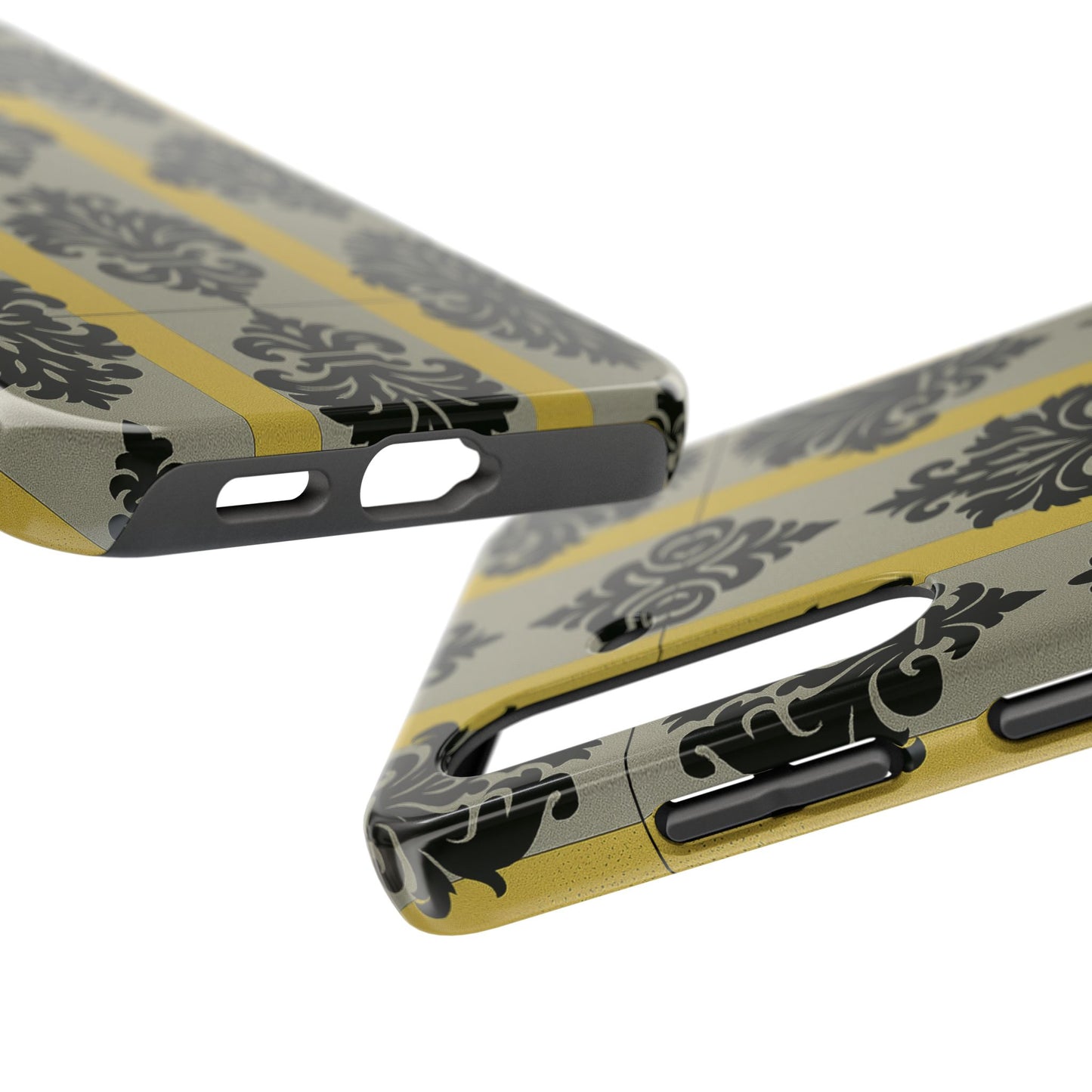 Elegant Baroque Tough Phone Cases | Chic Phone Protection | Gift for Her | Stylish Accessory | Holiday Gift Idea | Silver & Gold Striped Black Baroque
