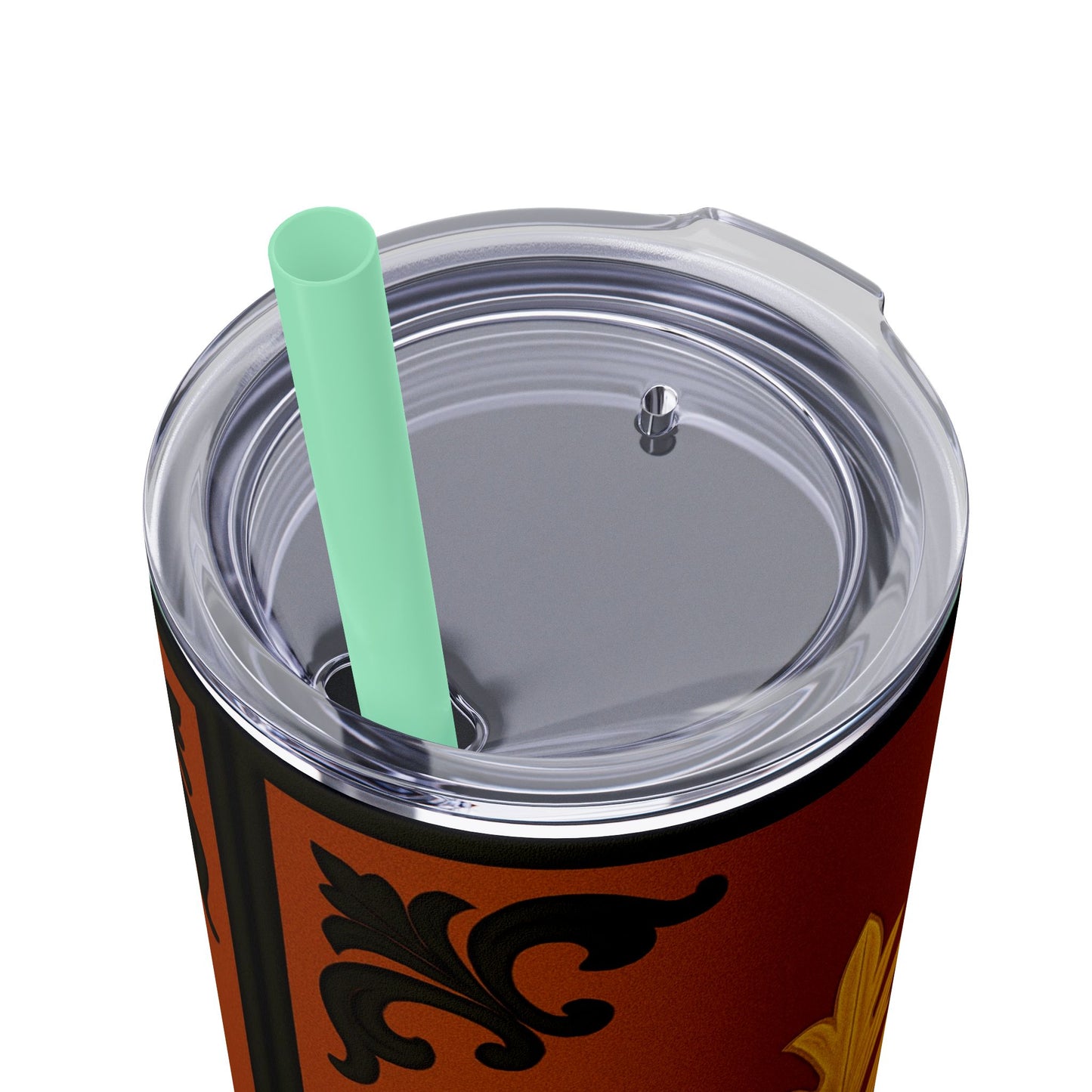 Dusk Terracotta Baroque 20oz Skinny Tumbler with Straw — Vintage Gold Baroque Design