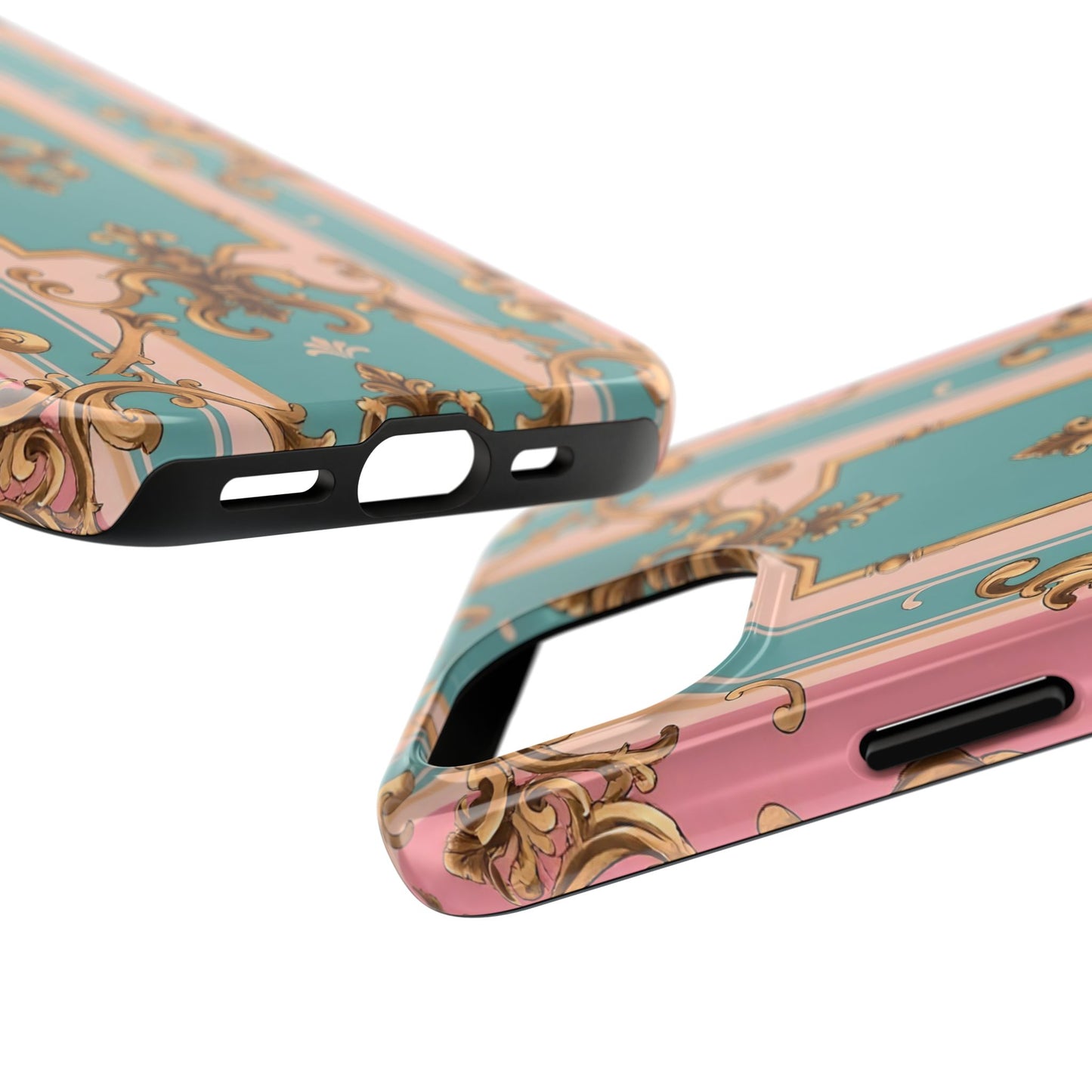 Elegant Floral Tough Phone Case, Artistic Phone Cover, Gift for Her, Chic Phone Accessory - Pink & Matte Turquoise Striped Rococo