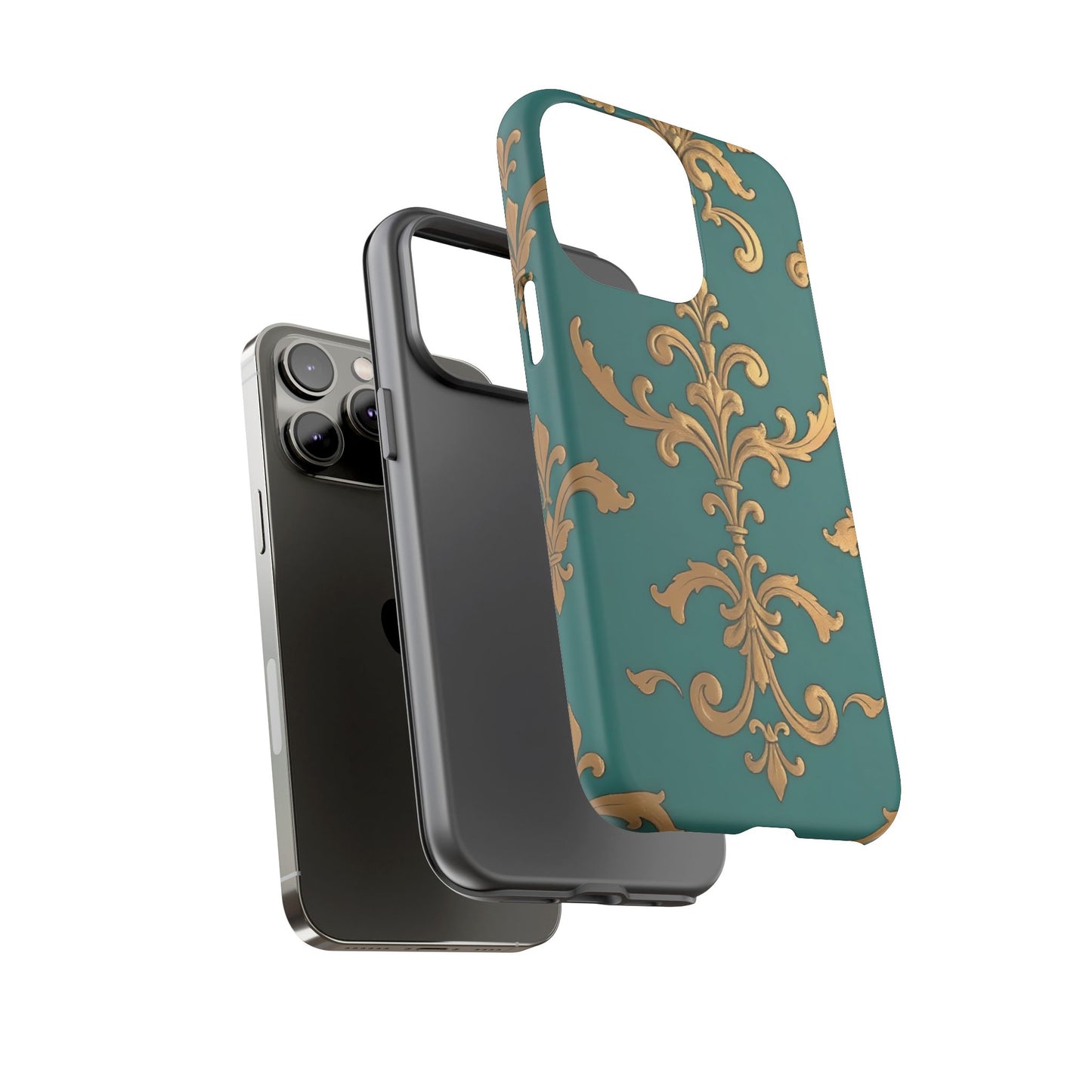 Elegant Floral Motif Phone Case - Tough Cases with Vintage Design - Aqua & Gold Damask