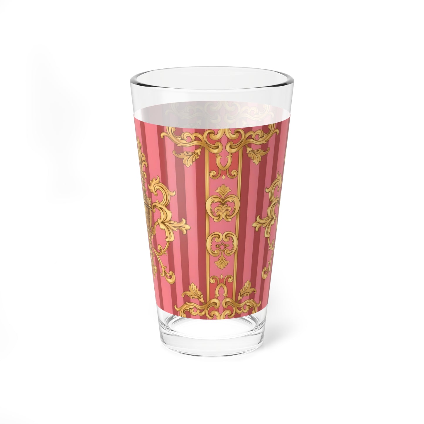 Elegant Pink Mixing Glass, 16oz | Perfect for Cocktails, Parties, Bridal Showers, Elegant Home Decor - Pink Striped Gold Baroque