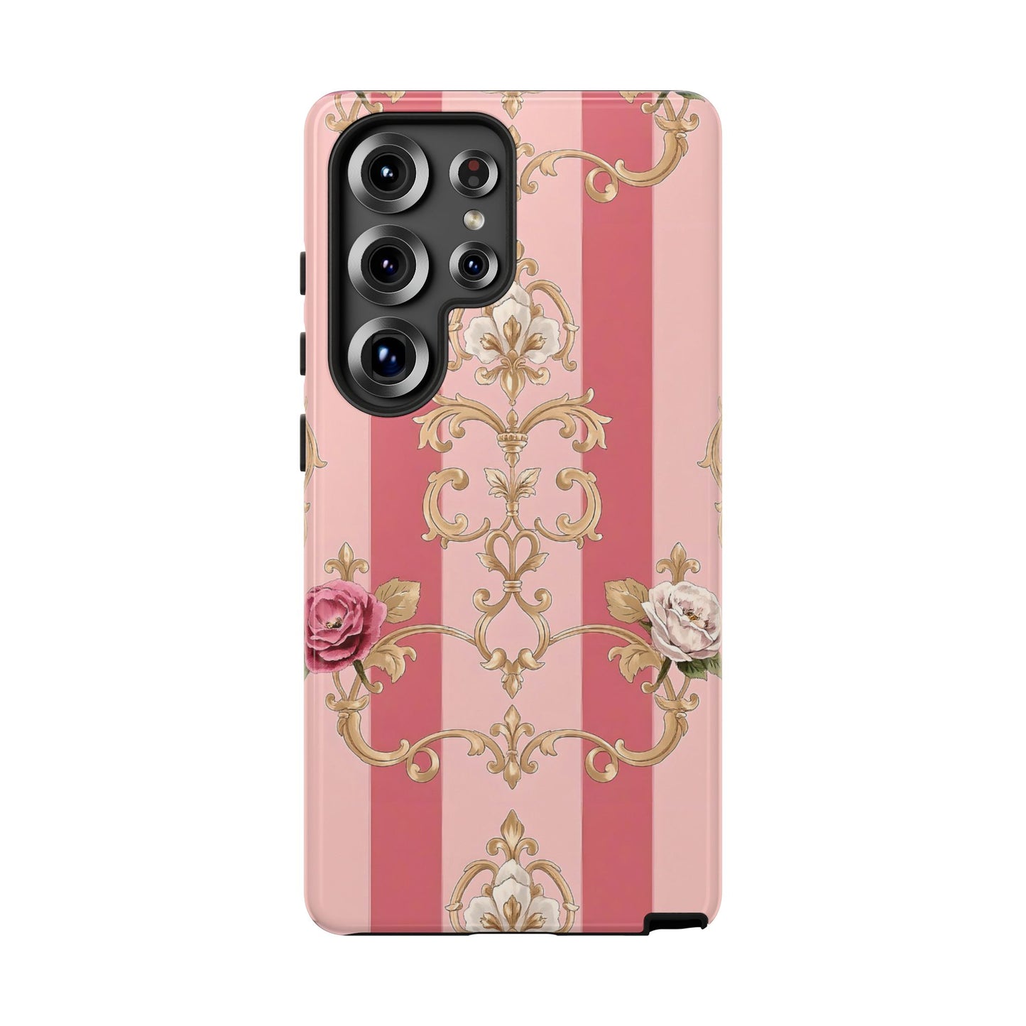 Elegant Floral Motif Phone Case - Tough Cases with Vintage Design - Pink Striped Roses & Damask