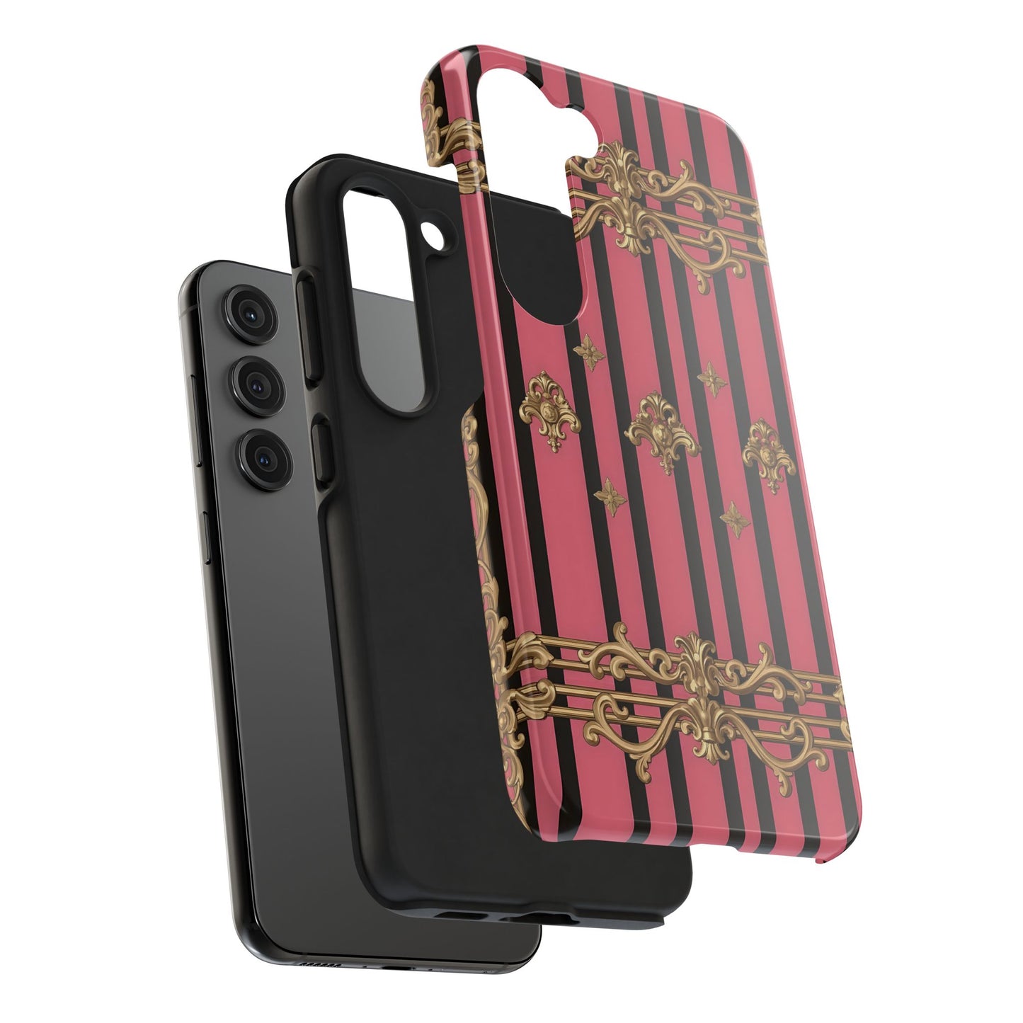 Elegant Floral Phone Cases, Stylish Protective Case for Trendy Individuals, Unique Gift for Tech Lovers, Phone Accessories - Pink Striped Gold Rococo