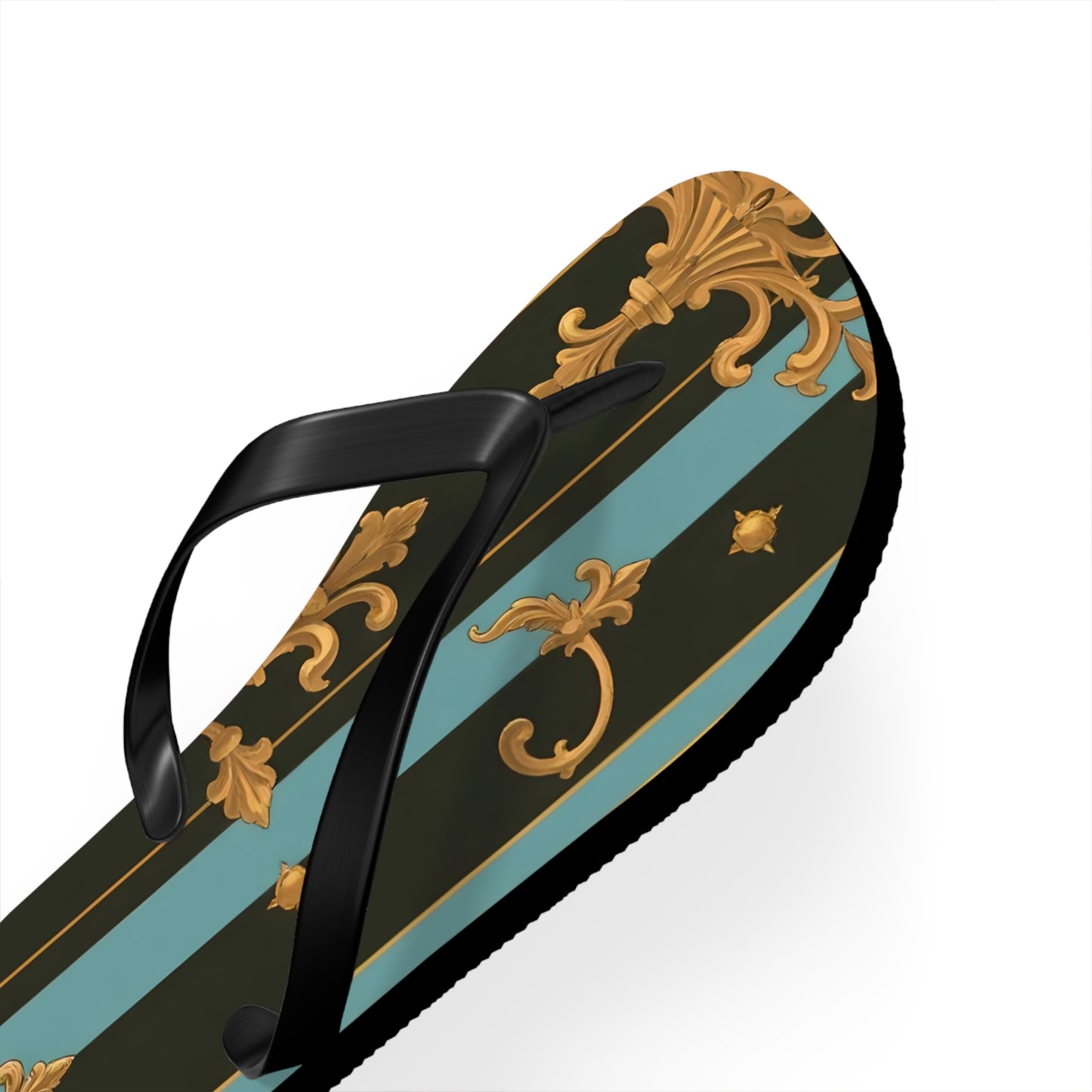 Elegant Striped Flip Flops, Stylish Beach Sandals, Summer Footwear, Vacation Essentials - Black & Turquoise Striped Baroque