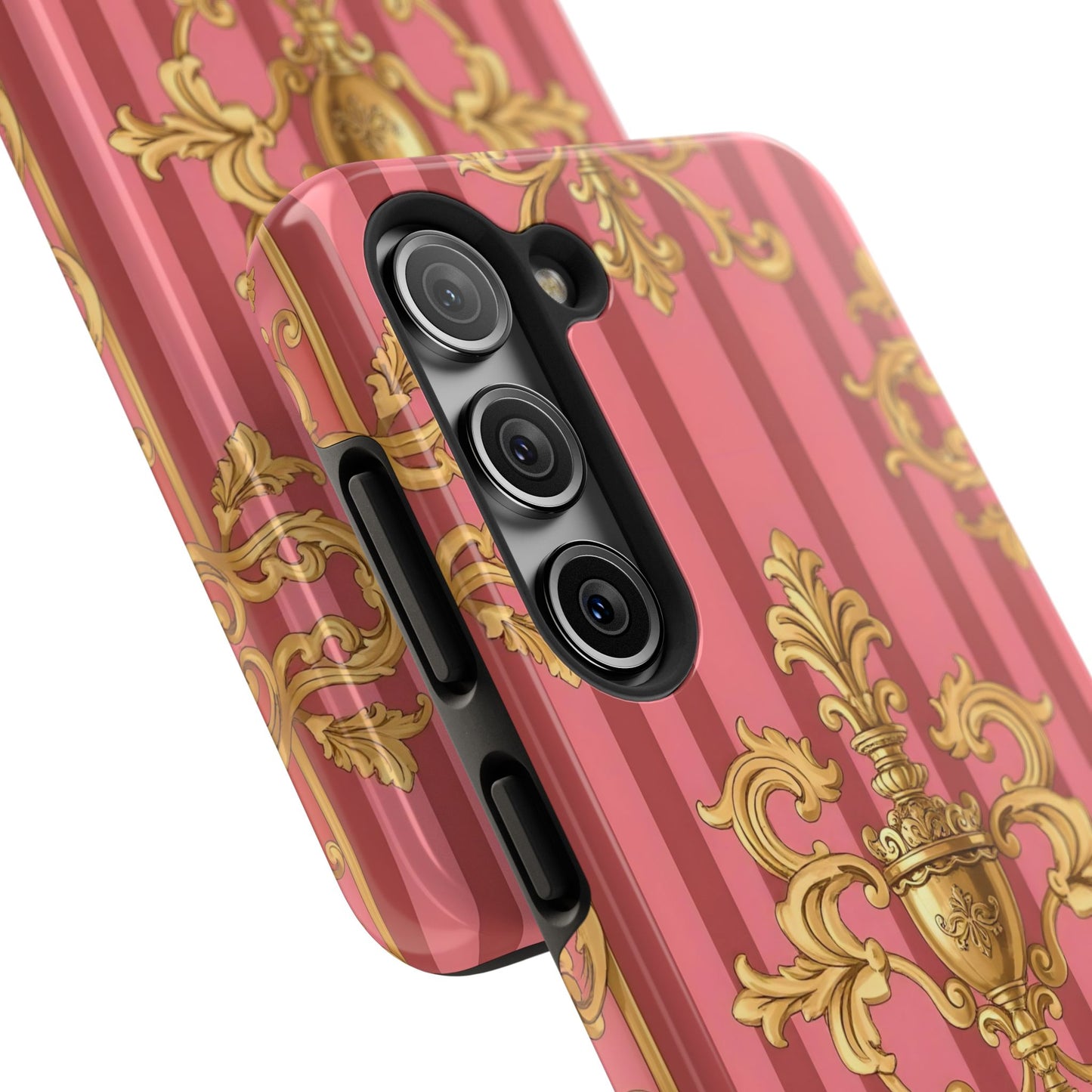 Elegant Baroque Tough Phone Cases, Durable Phone Cover, Stylish Accessory, Gift for Any Occasion - Pink Striped Gold Baroque