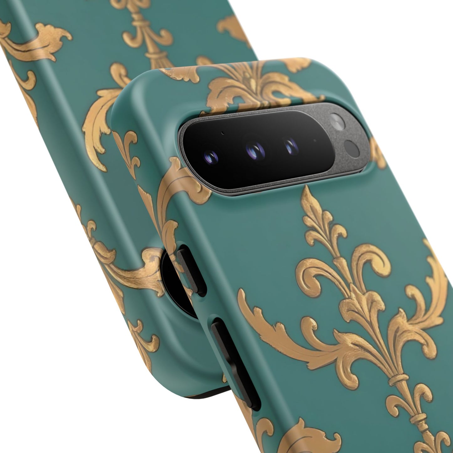 Elegant Floral Motif Phone Case - Tough Cases with Vintage Design - Aqua & Gold Damask
