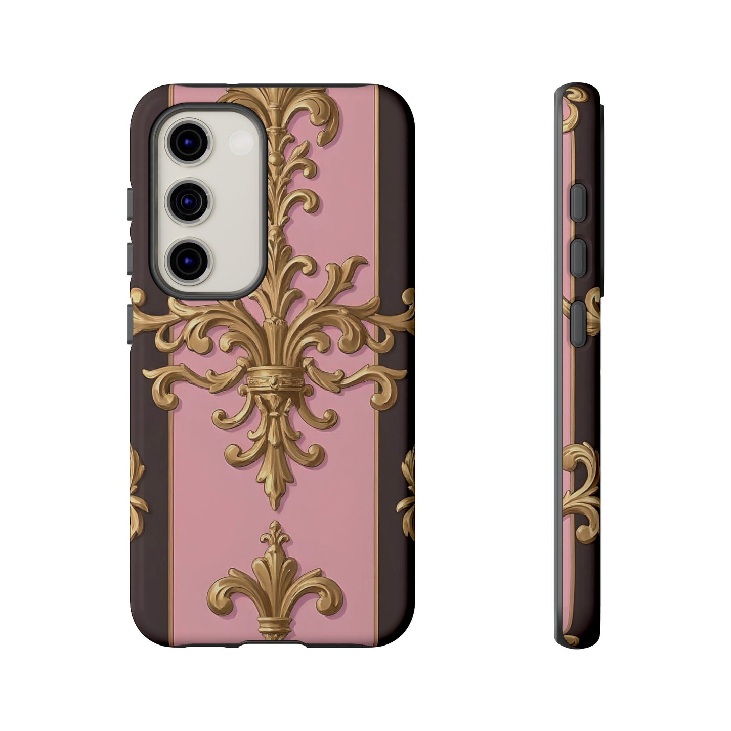 Elegant Floral Motif Phone Case - Tough Cases with Vintage Design - Pink & Brown Striped Gold Damask