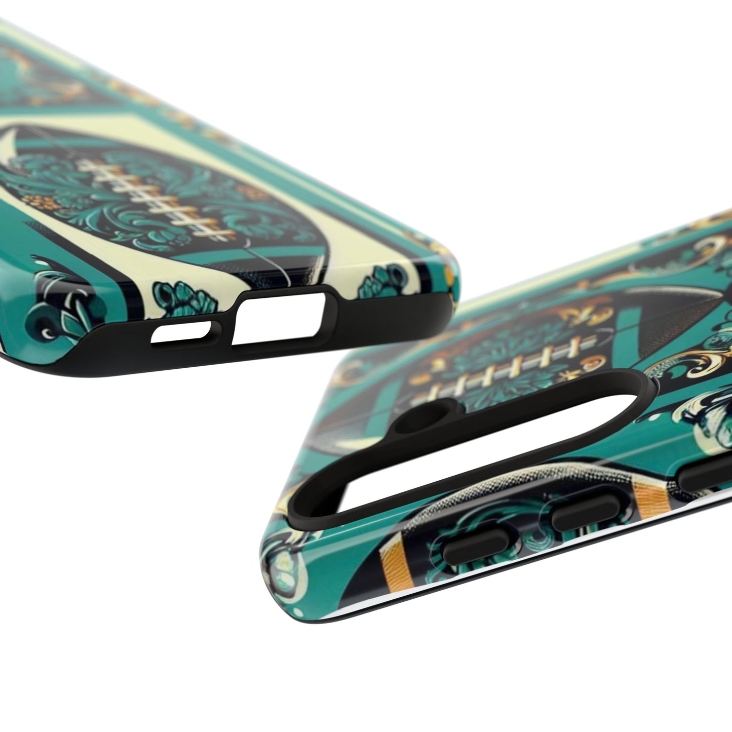 Elegant Floral Motif Phone Case - Tough Cases with Vintage Design -  Damask Teal, Gold & Black Footballs
