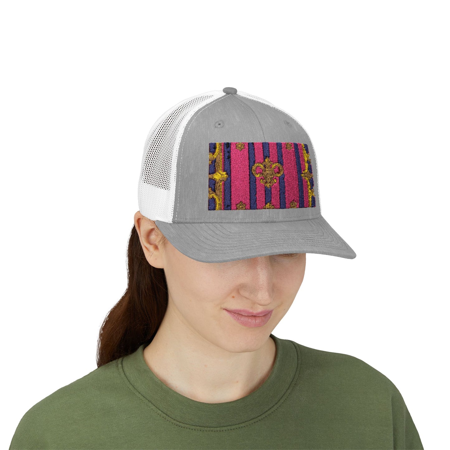 Vibrant Snapback Trucker Cap, Stylish Outdoor Hat, Trendy Fashion Accessory, Gift for Him or Her - Pink Striped Gold Baroque