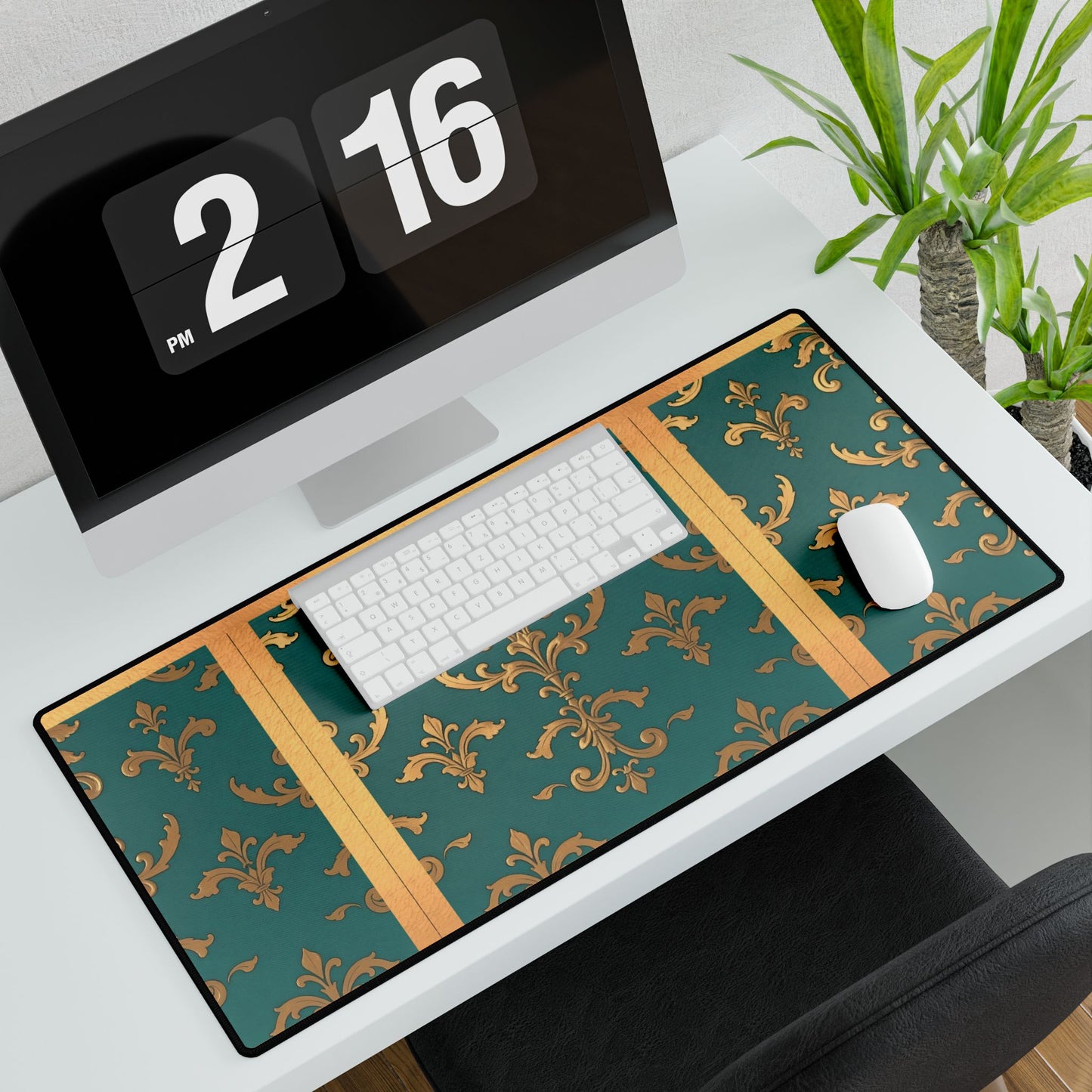 Elegant Floral Desk Mat for Home Office Decor - Aqua & Gold Damask