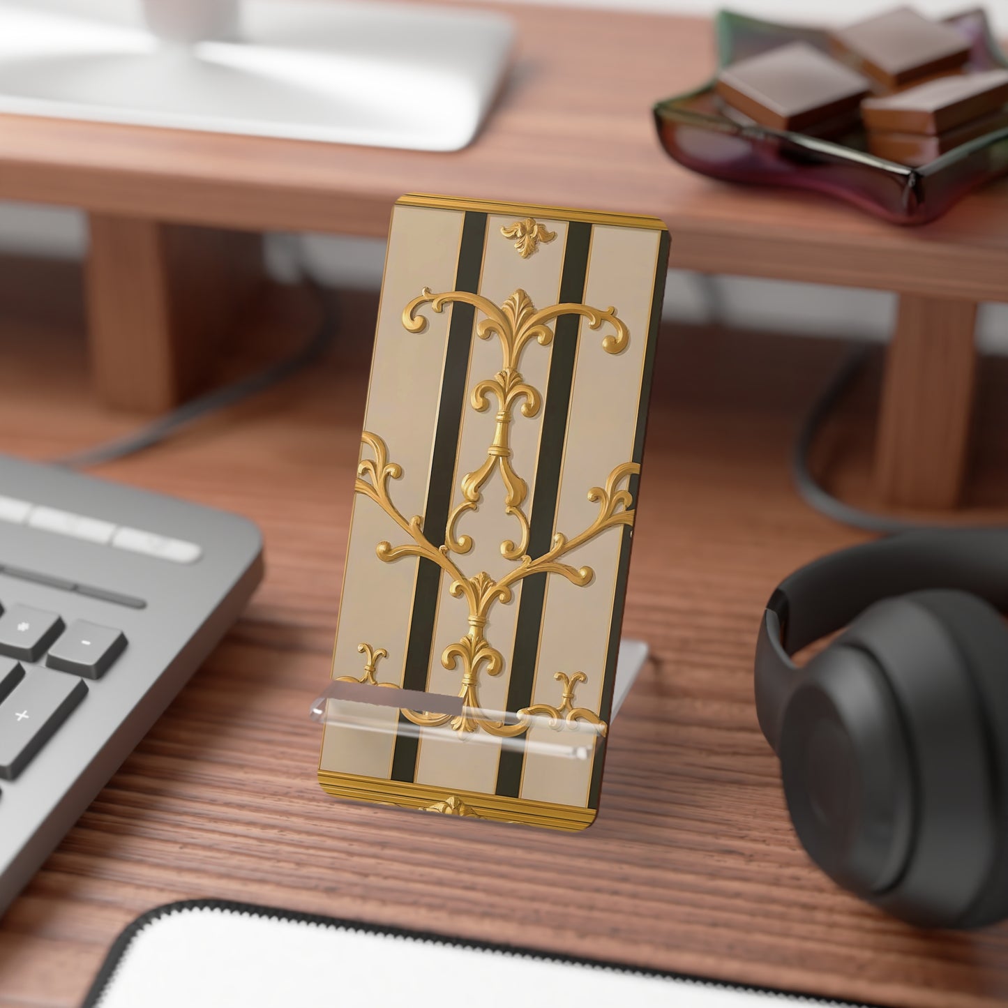 Elegant Mobile Display Stand, Phone Holder, Desk Organizer, Stylish Gadget Accessory - Beige Striped Gold Rococo