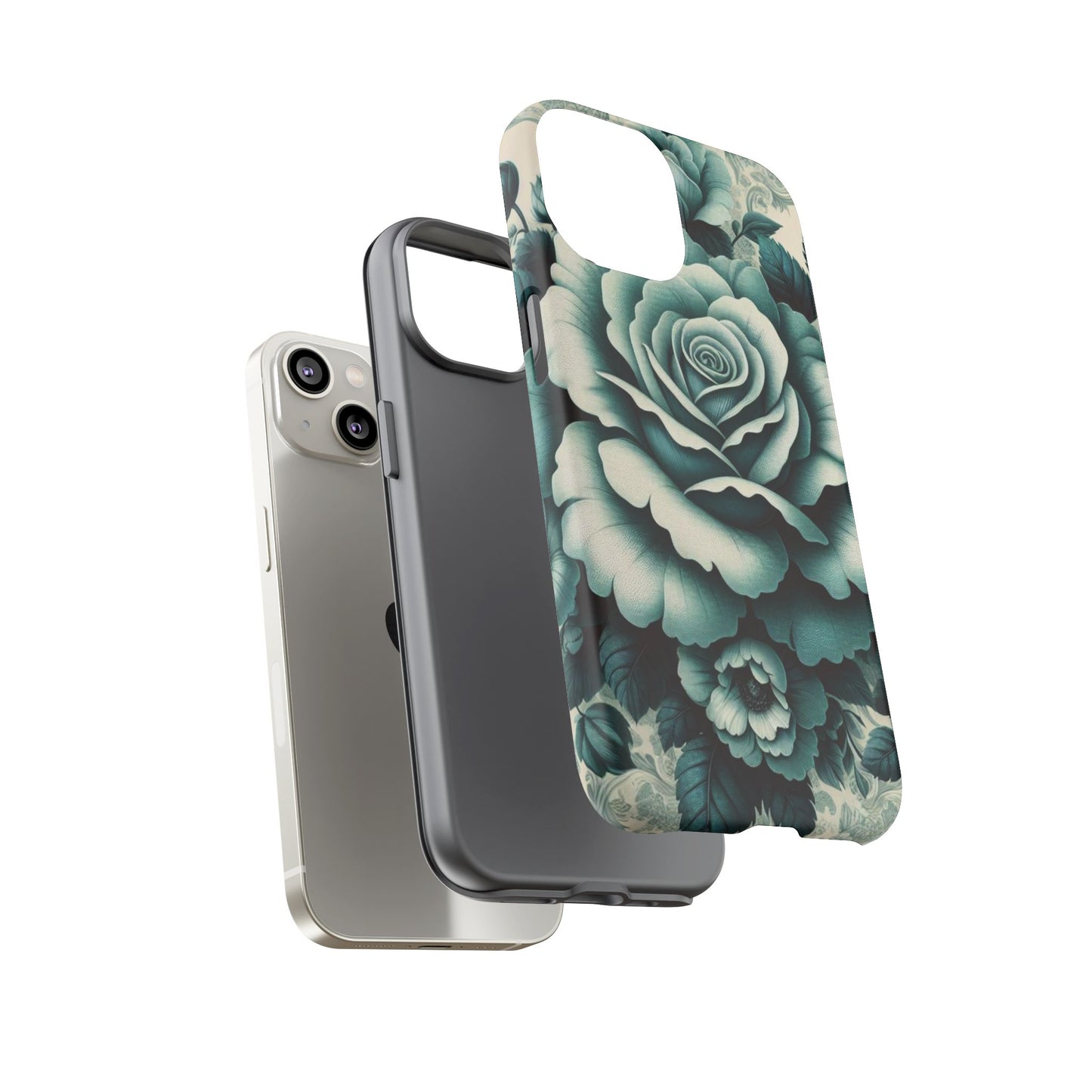 Elegant Floral Motif Phone Case - Tough Cases with Vintage Design - Teal Roses & Damask
