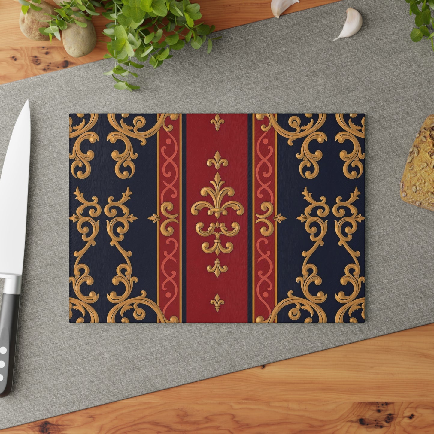 Elegant Ornate Glass Cutting Board, Kitchen Decor, Elegant Serving Tray, Housewarming Gift, Gourmet Cooking Essential - Midnight Blue & Dusk Red Gold Baroque