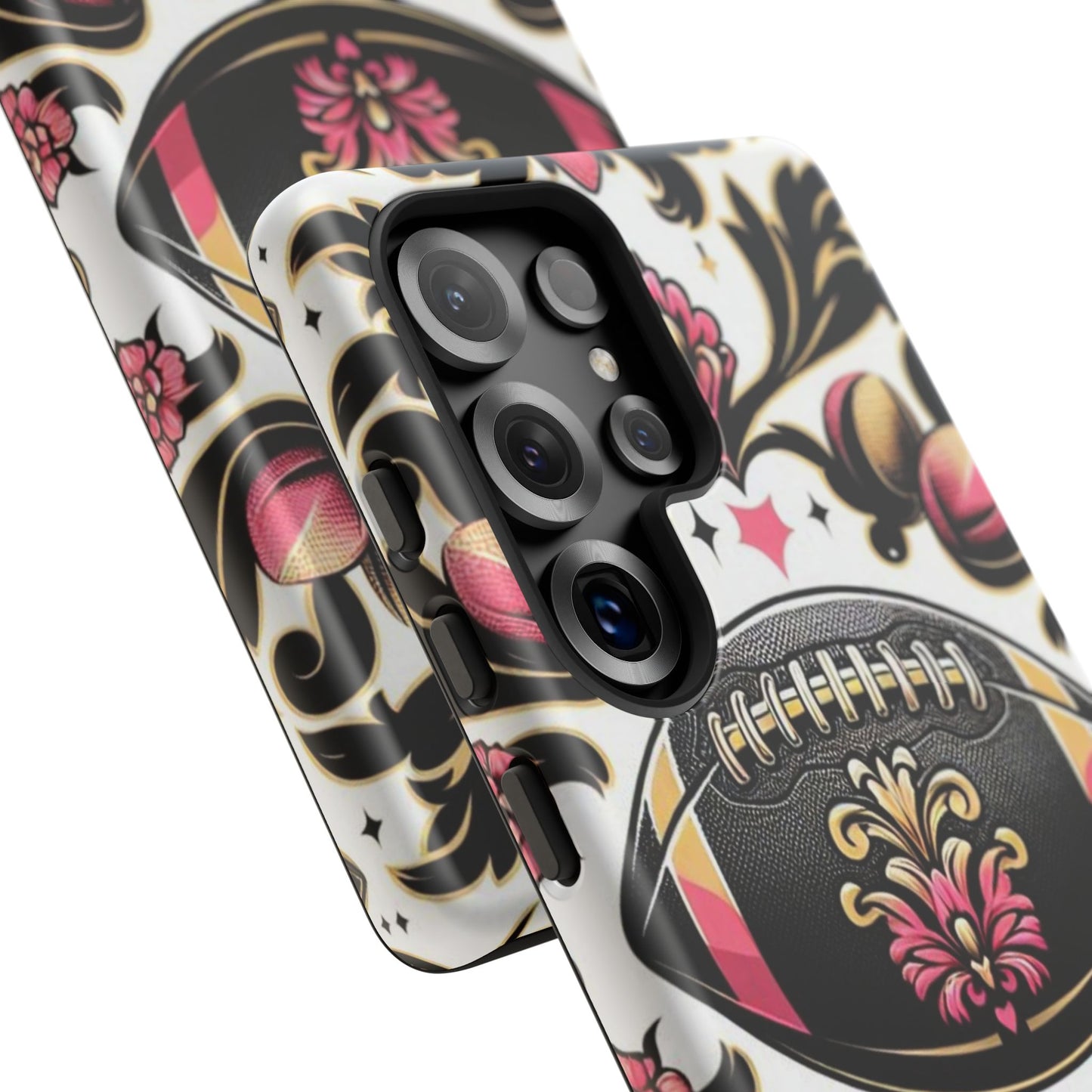 Elegant Floral Motif Phone Case - Tough Cases with Vintage Design - Damask White, Pink Gold & Black Football