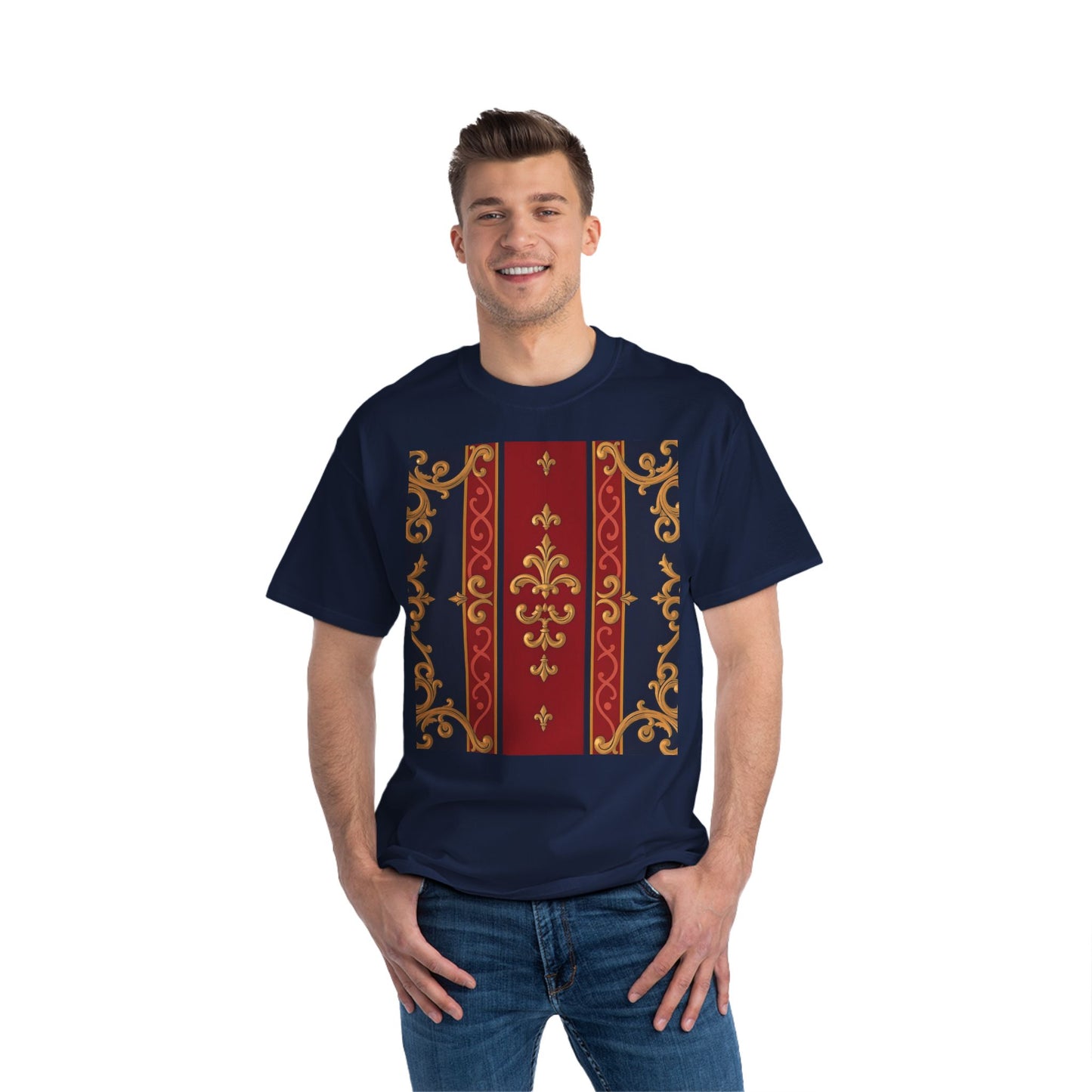 Elegant Patterned Short-Sleeve T-Shirt, Stylish Tee, Vintage Design Top, Casual Wear, Fashionable Gift - Midnight Blue & Dusk Red Gold Baroque