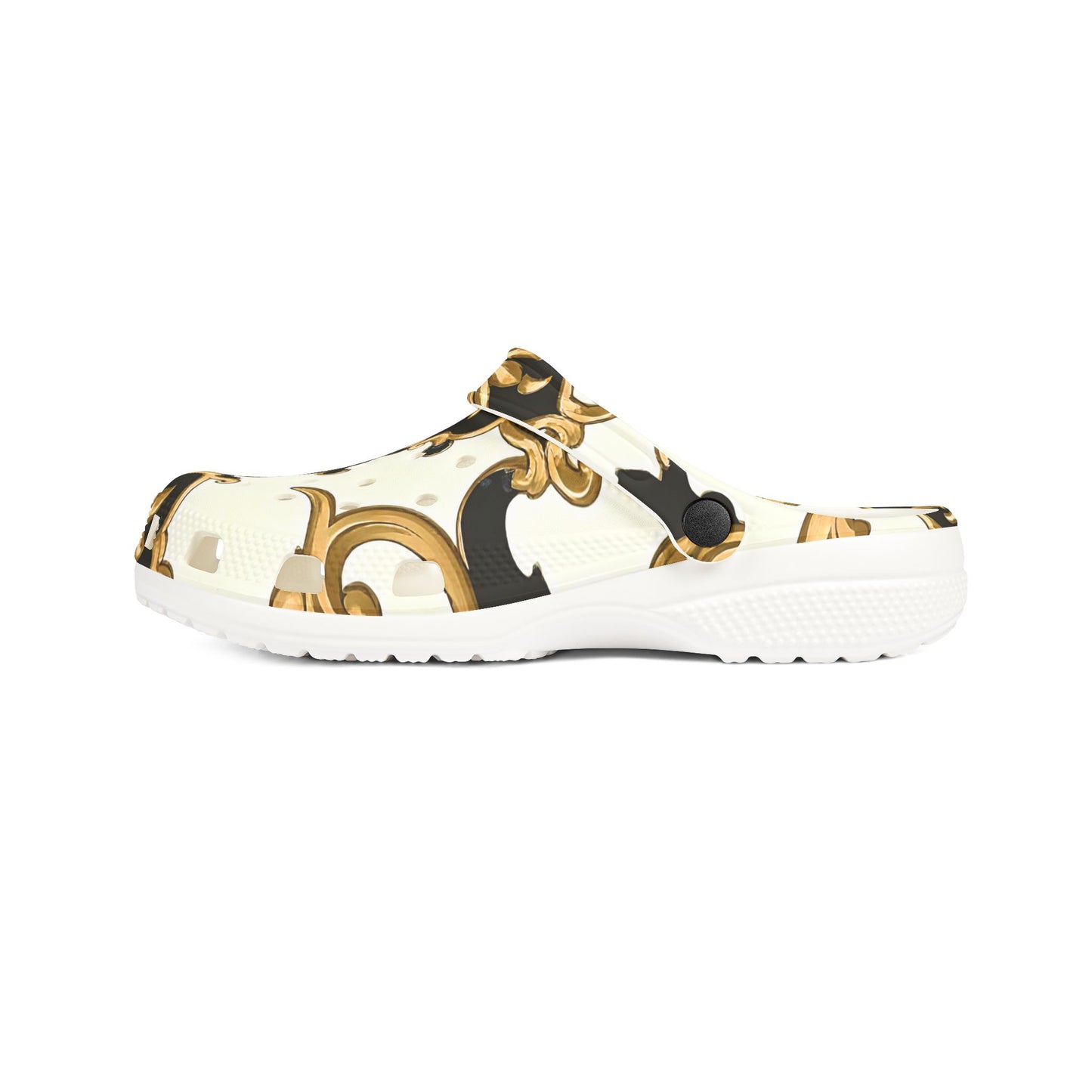 Elegant AOP EVA Foam Rubber Shoes - Stylish Comfort for Home & Outdoors, Trendy Clogs for Fashion Lovers - Black & Gold Rococo
