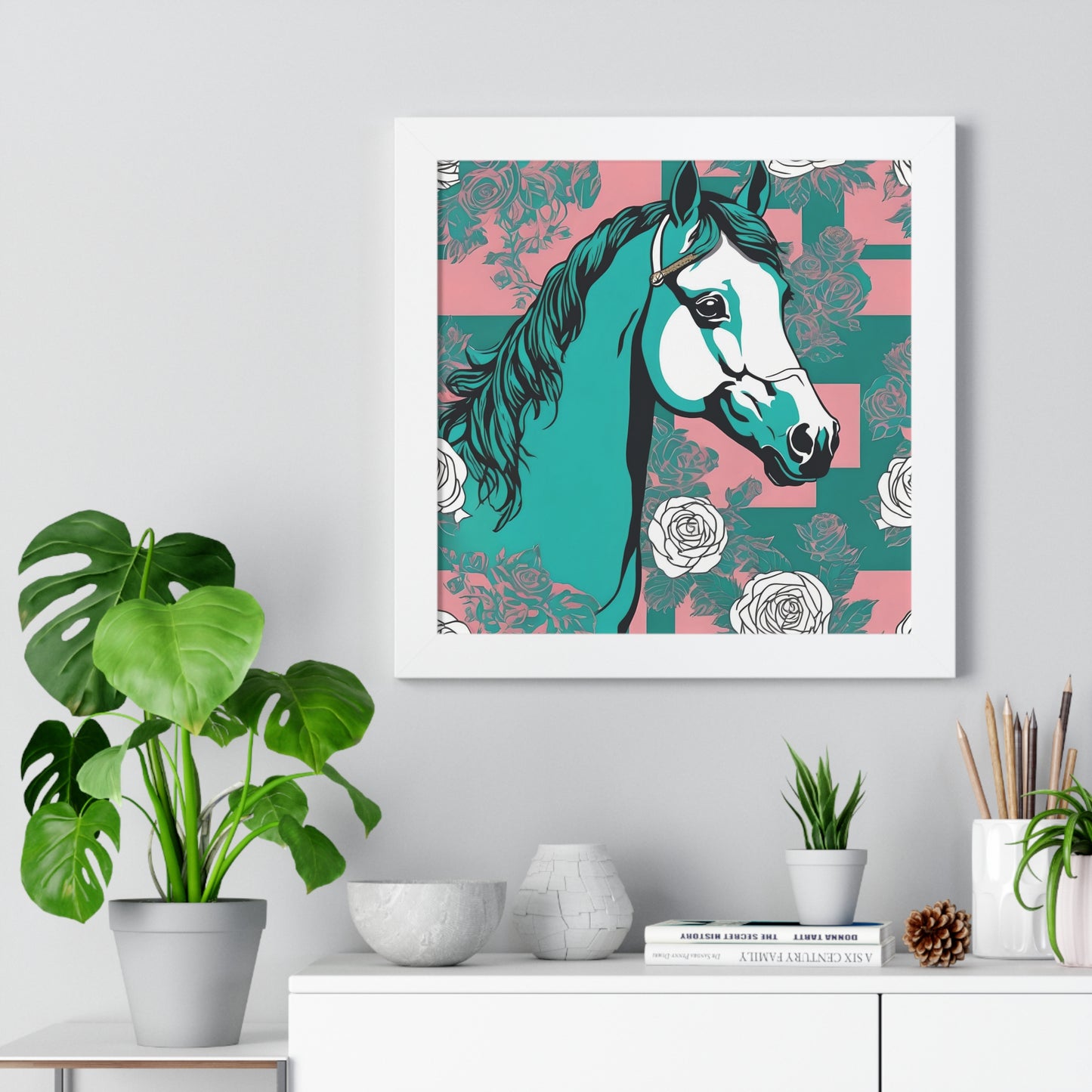 Vertical Poster - Stylish Modern Art for Home Decor - Teal & White Horse