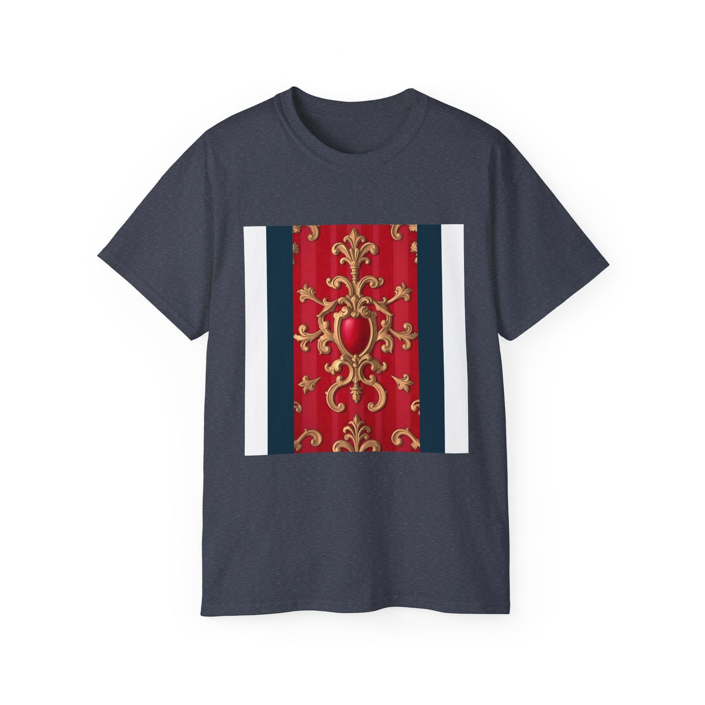 Regal Red Baroque T-Shirt, Artistic Tee, Gift for Art Lovers, Fashionable Statement Shirt, Unique Graphic Top - Blue, Red & White Striped Baroque