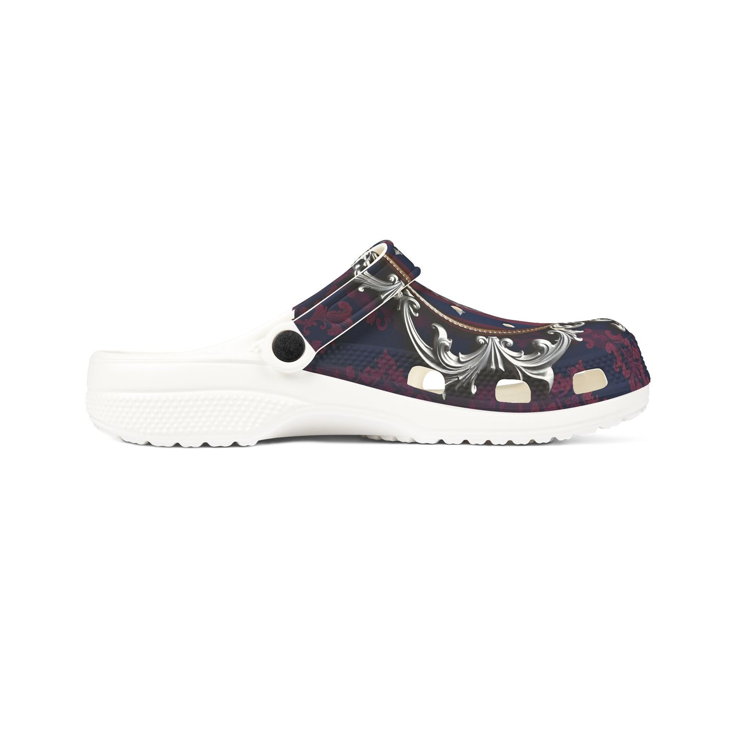 Stylish EVA Foam Rubber Clogs with Elegant Design, Comfortable Everyday Footwear, Fashionable Indoor Slippers - Blue & Plum Striped Silver Crest