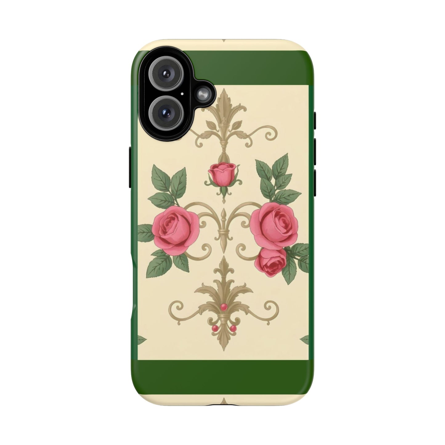 Elegant Floral Motif Phone Case - Tough Cases with Vintage Design - Green Border Roses & Damask
