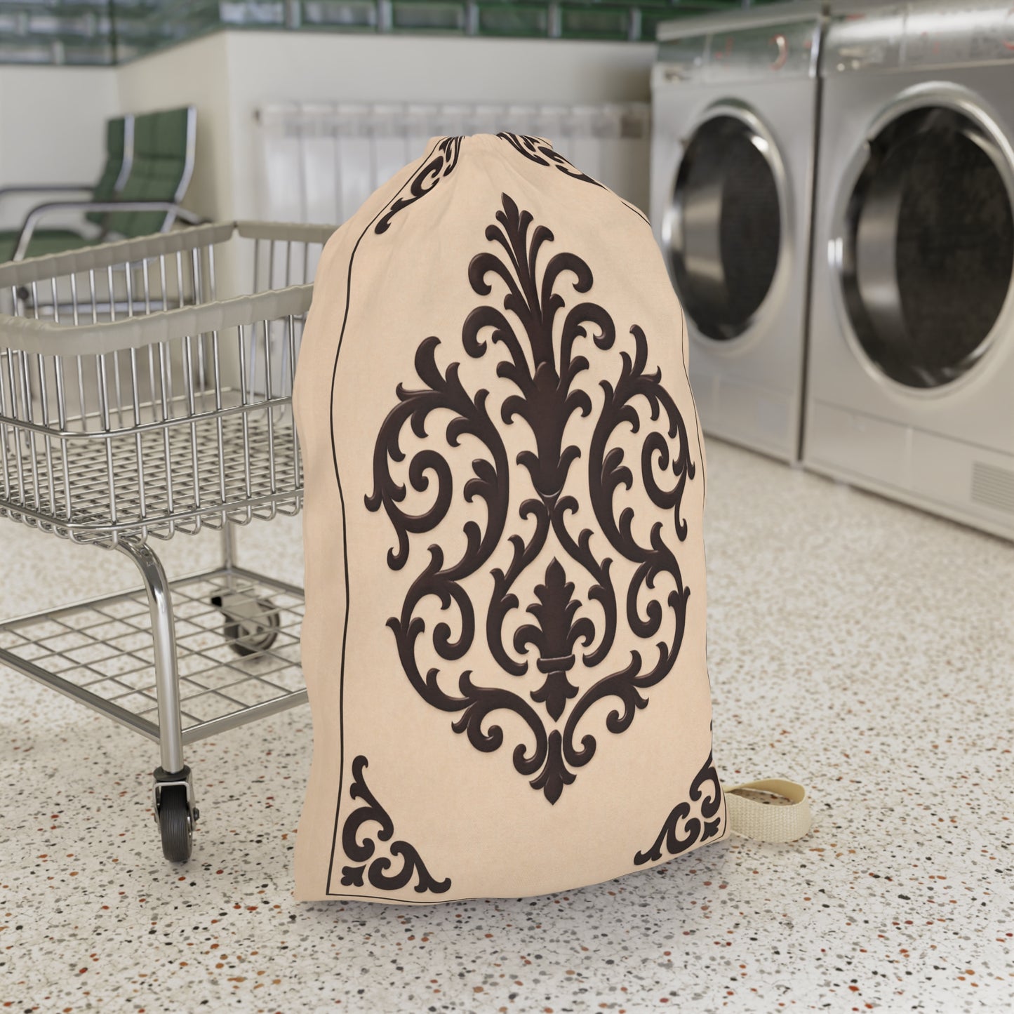 Almond-Beige & Brown Baroque Laundry Bag — Cotton Hamper Tote with Drawstring