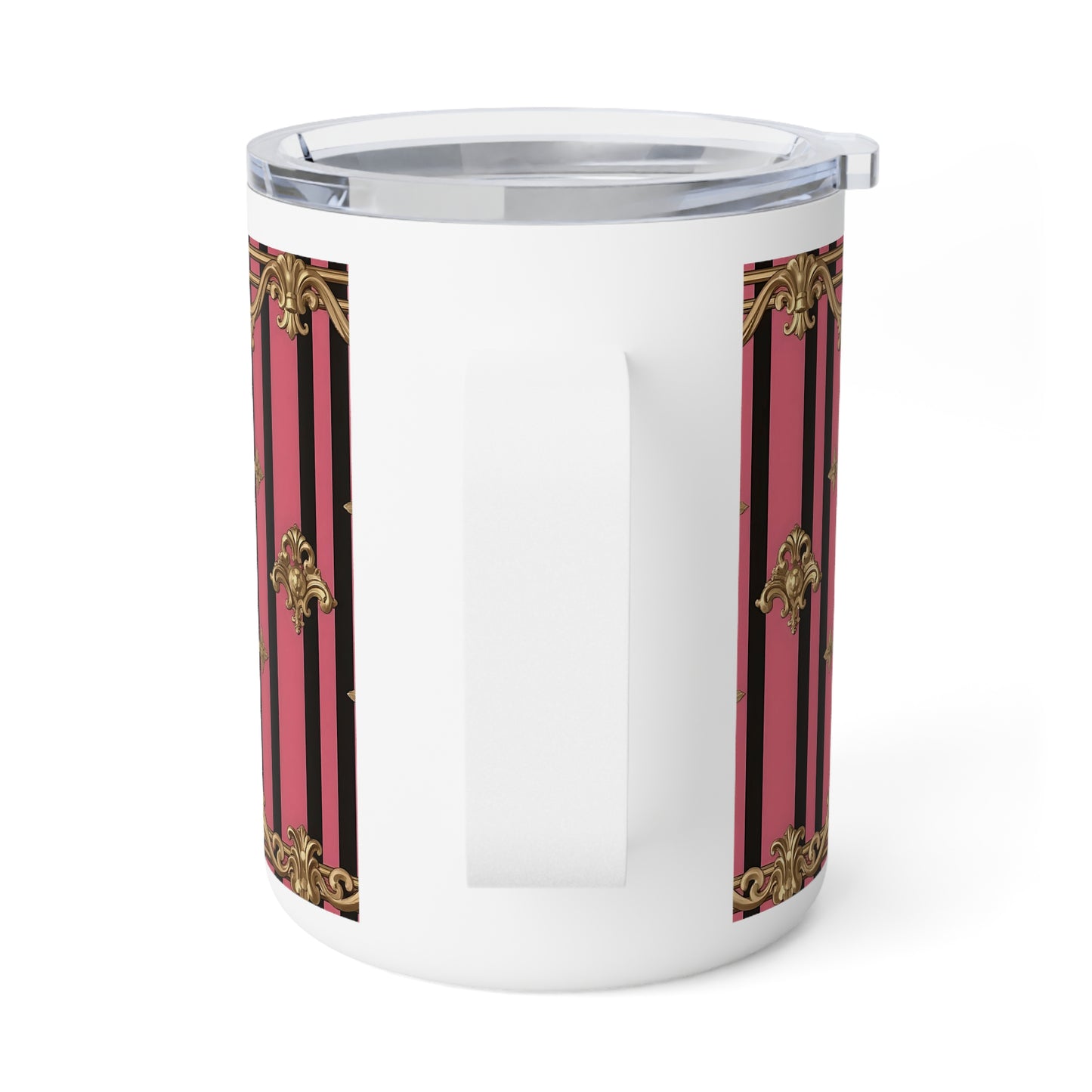 Elegantly Designed Insulated Coffee Mug, 10oz, Perfect Gift for Coffee Lovers, Unique Birthday Present - Pink Striped Gold Rococo