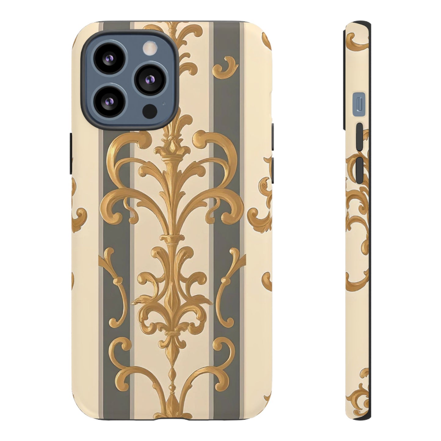 Elegant Floral Motif Phone Case - Tough Cases with Vintage Design - Dusk Olive Striped Gold Damask