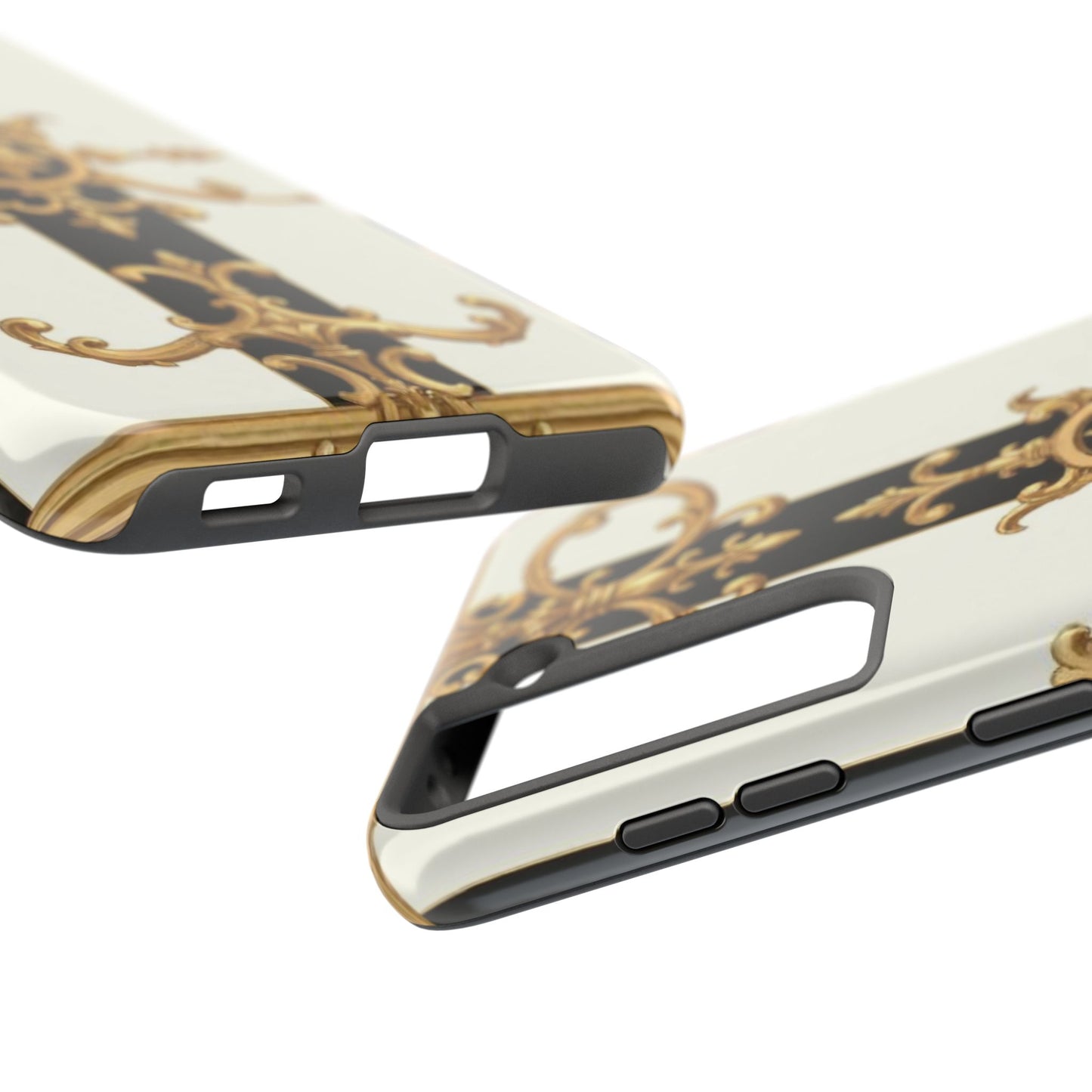 Elegant Baroque Tough Phone Case | Stylish Protection for Your Device, Gift for Her, Phone Accessories - Black & White Striped Gold Baroque
