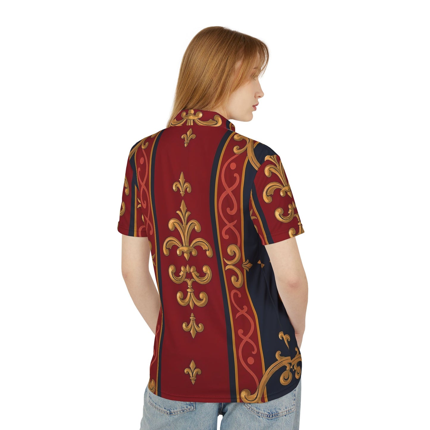 Regal Pattern Unisex Polo Shirt, Stylish Casual Wear, Gift for Fashion Lovers, Men's Polo, Special Occasions - Midnight Blue & Dusk Red Gold Baroque