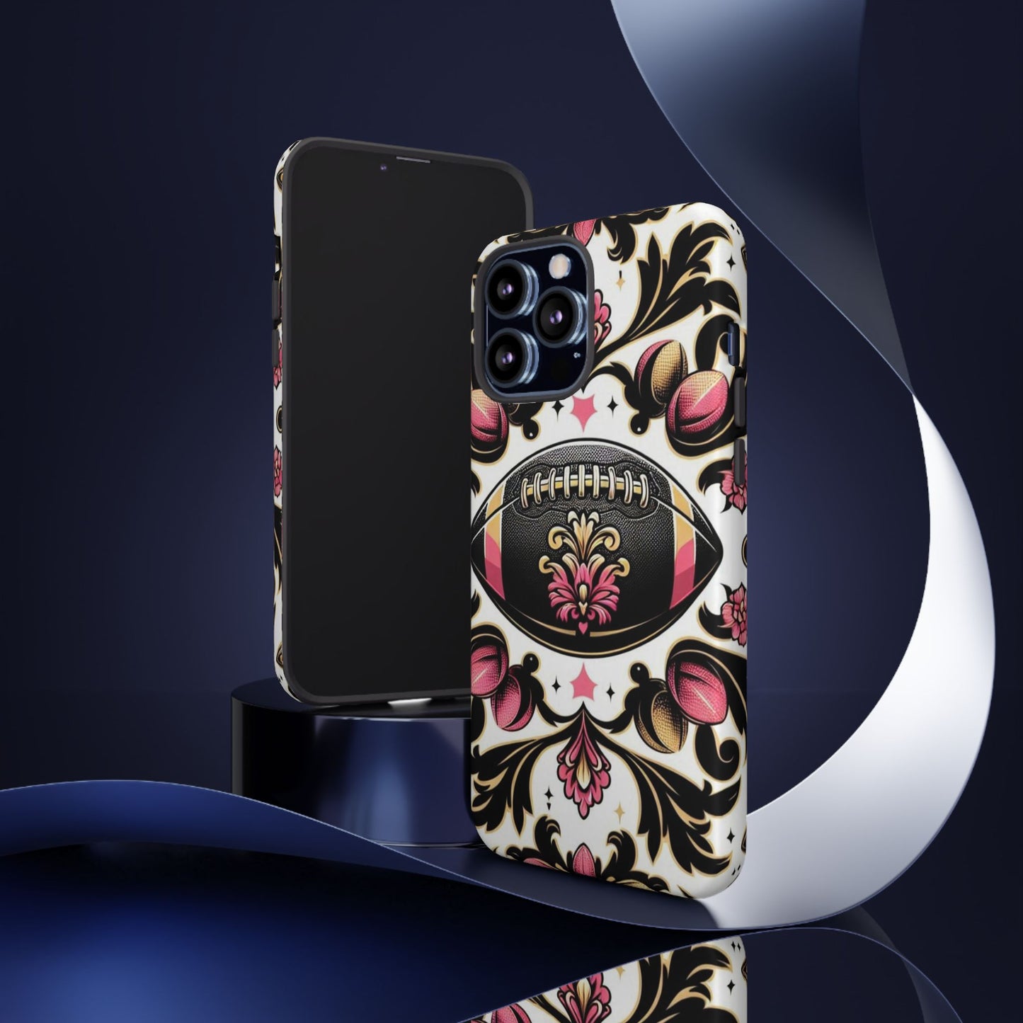 Elegant Floral Motif Phone Case - Tough Cases with Vintage Design - Damask White, Pink Gold & Black Football