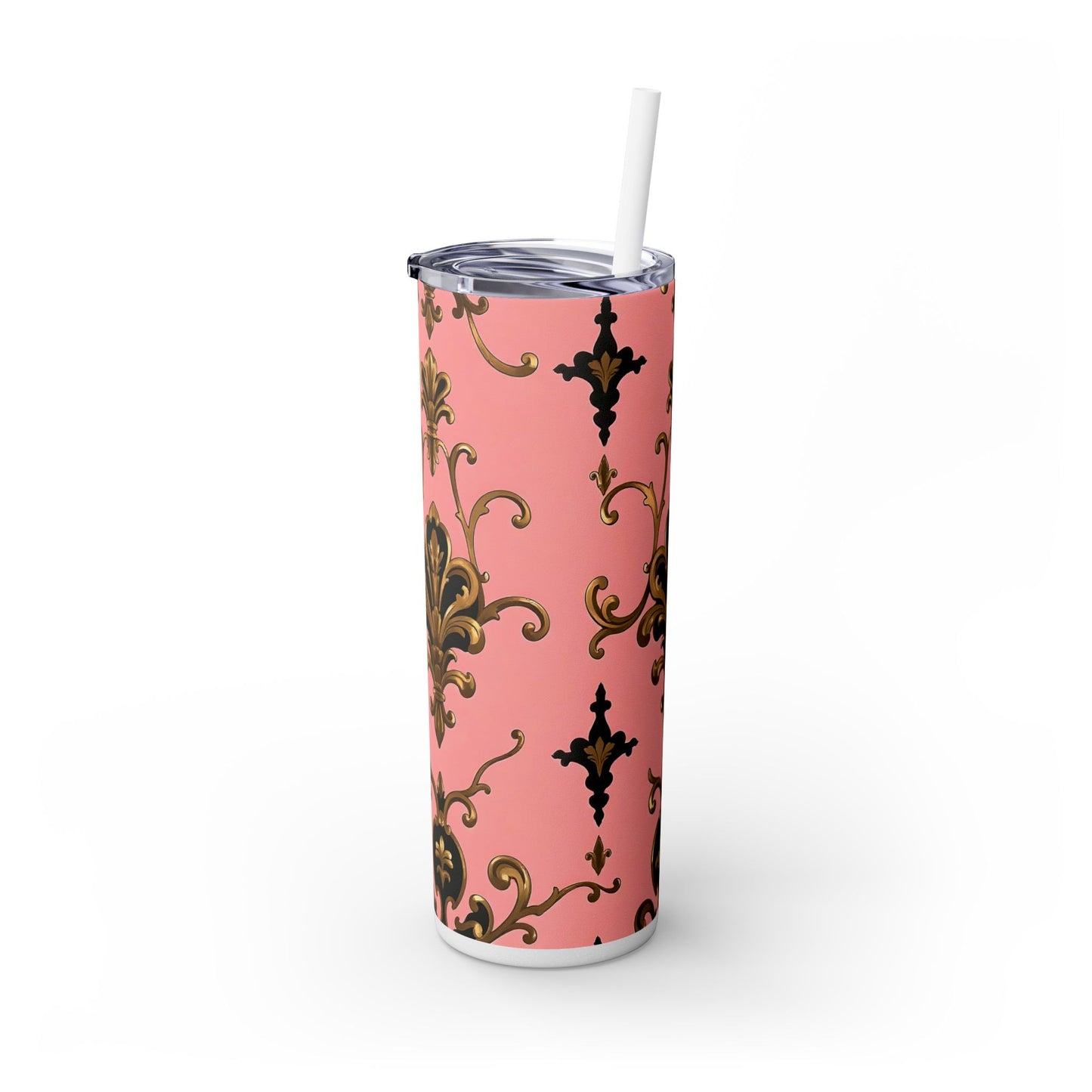 Elegant Pink Damask Skinny Tumbler, 20oz Drinkware, Stylish Reusable Cup, Travel Mug, Gift for Her, Home Decor - Pink, Black & Gold Rococo