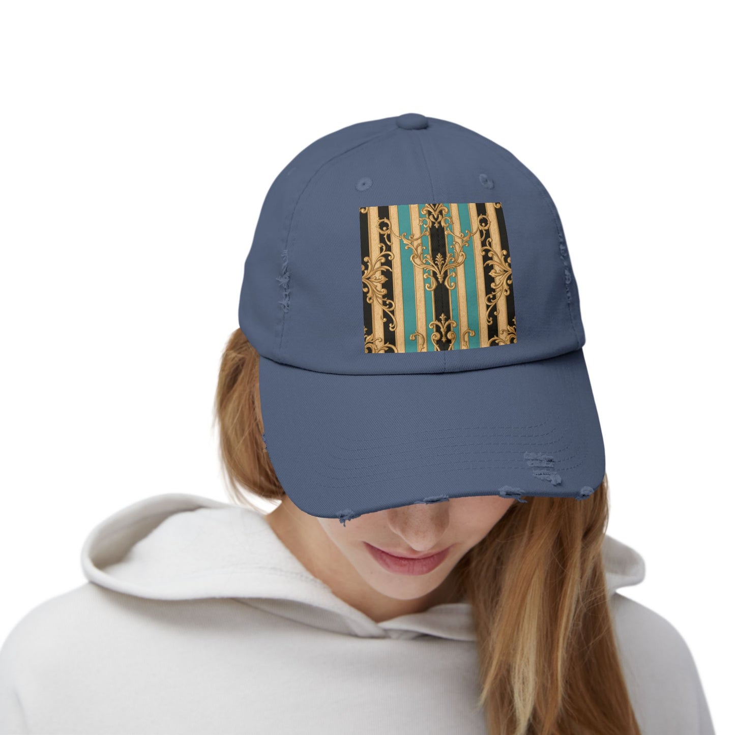 Distressed Black, Tan & Ocean Green Striped Gold Baroque Cap with Elegant Stripe Design | Vintage-Inspired Accessories, Unisex Casual Hat