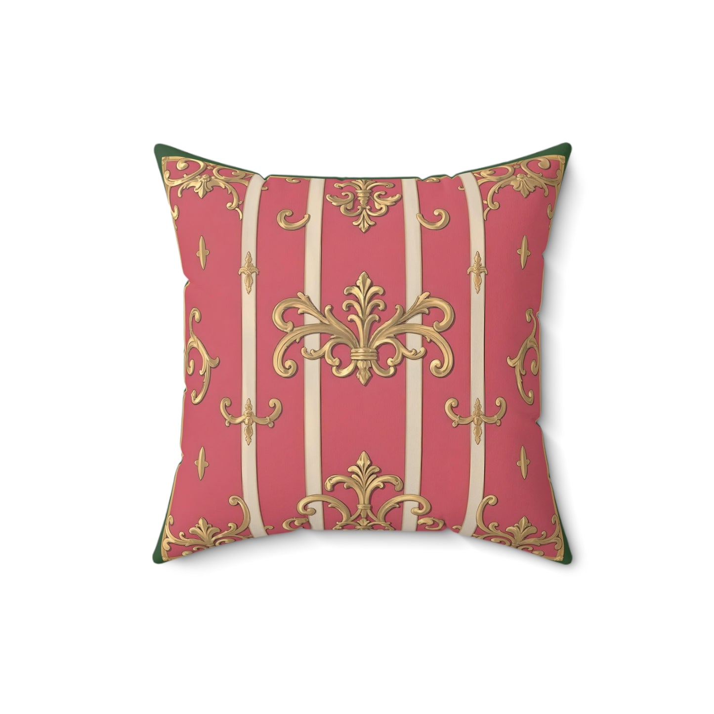 Elegant Faux Suede Green Border Striped Pink Baroque Square Pillow, Decorative Pillow for Living Room, Home Decor Accent